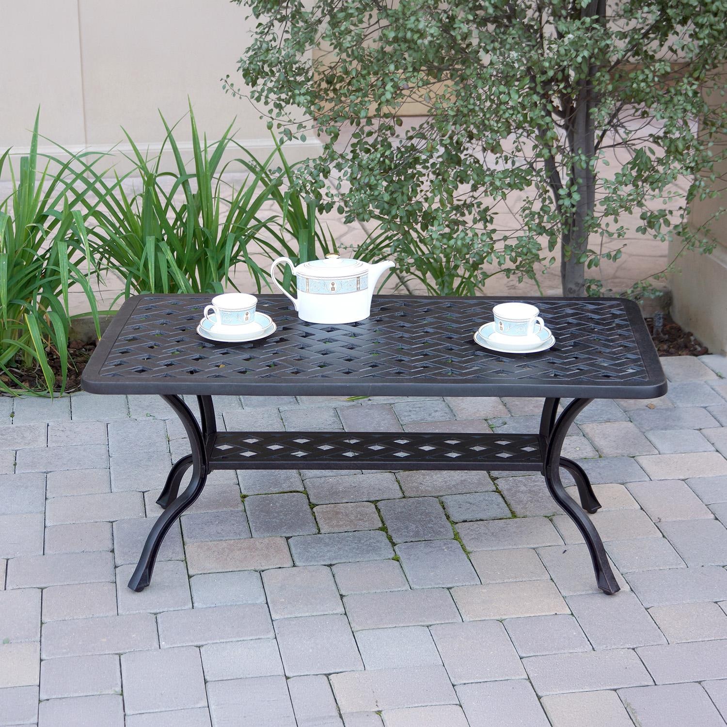 Darlee Elisabeth 4 Pc Cast Aluminum Seating Set w/ 42 X 21 Inch Table & Swivel Rockers & Throw Pillows in Antique Bronze/Beige - Table - Lifestyle thumbnail