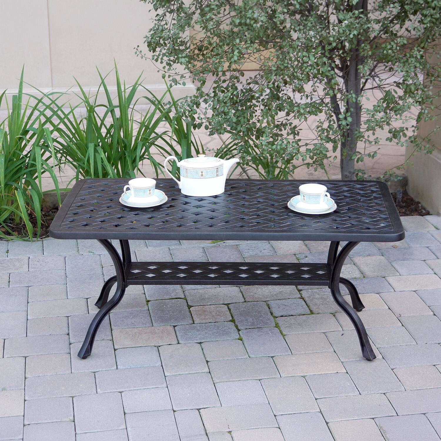 Darlee Elisabeth 4 Pc Cast Aluminum Seating Set w/ 42 X 21 Inch Table & Swivel Rockers & Throw Pillows in Antique Bronze/Beige - Table - Lifestyle thumbnail