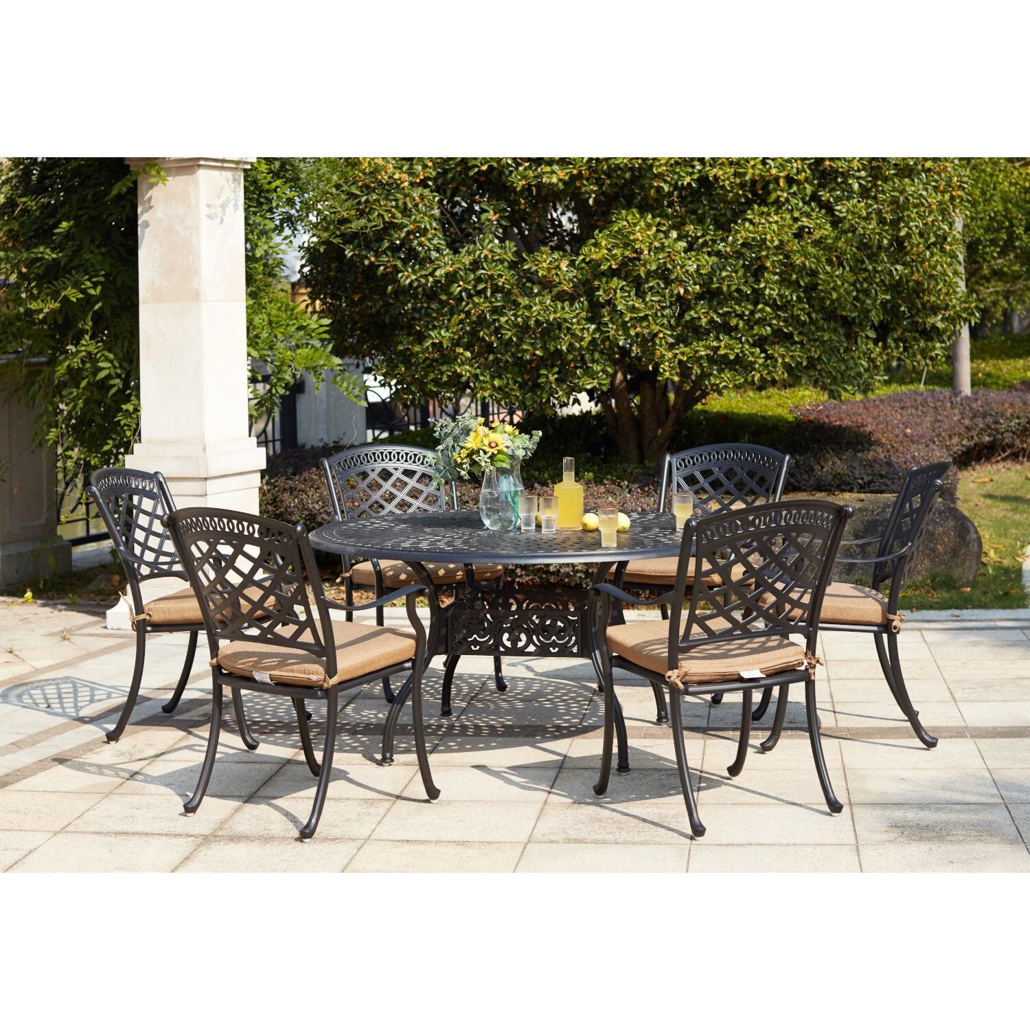 Darlee 201030-7PC-60D Sedona 7 Piece Cast Aluminum Patio Dining Set W/ 60 Inch Round Table & Sesame Cushions - Lifestyle thumbnail