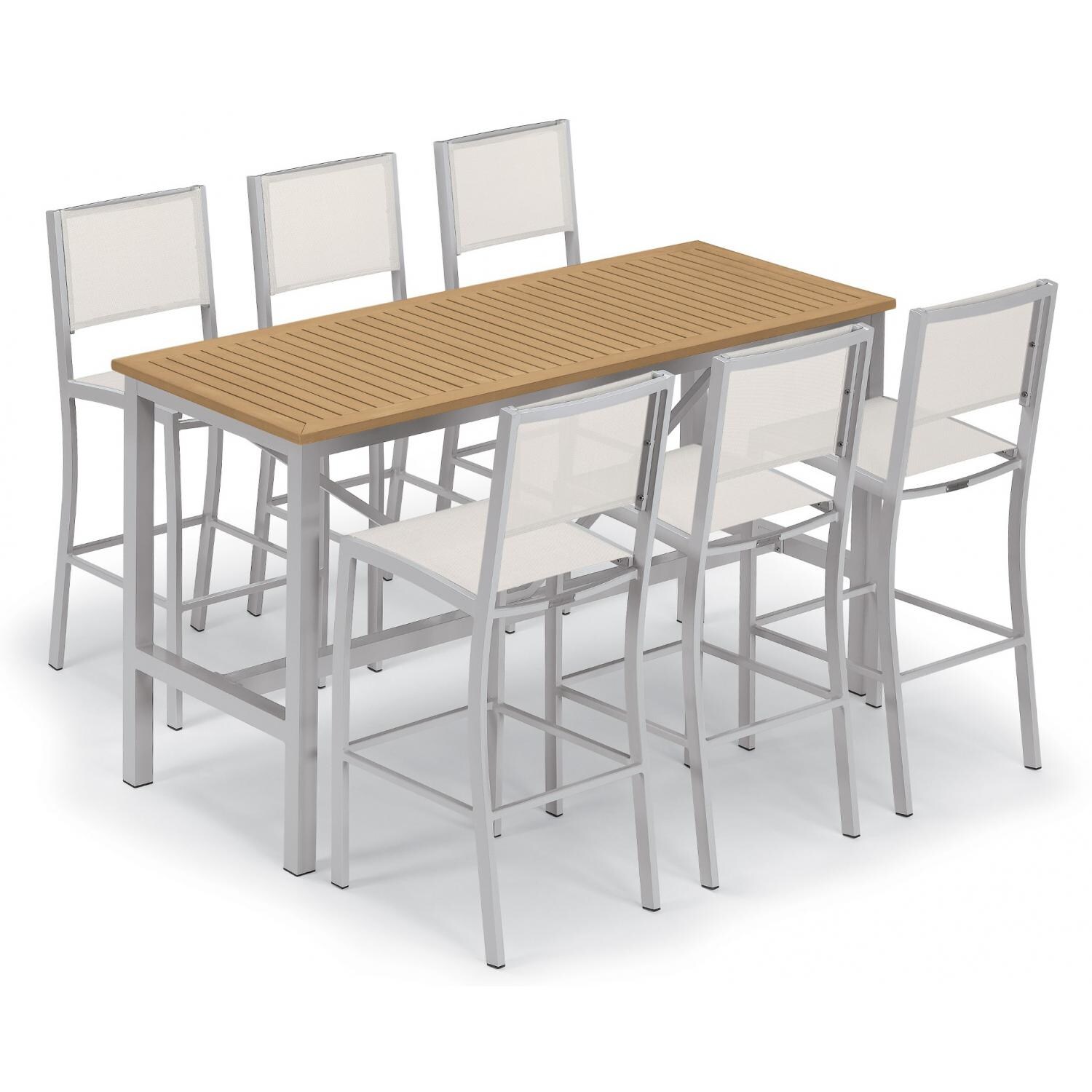 Travira 7 Piece Aluminum Patio Bar Set W/ 72 X 30 Inch Rectangular Table and Tekwood Natural Tabletop By Oxford Garden - Natural Sling thumbnail