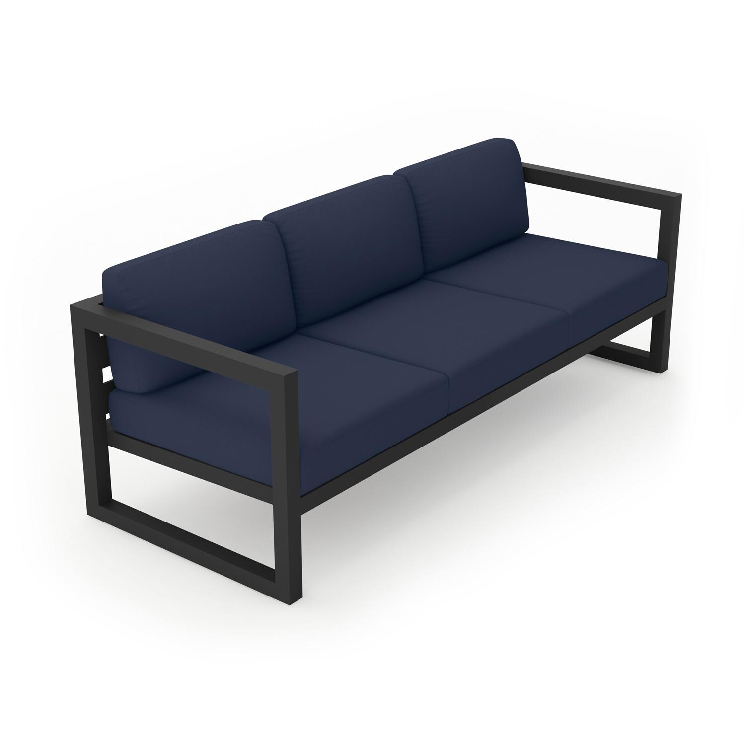 Lakeview MSTYCV-BK-S-IN Misty Cove 3 Person Aluminum Sofa in Black w/Spectrum Indigo Cushions by Lakeview Outdoor Designs - Angled Front - White Background thumbnail