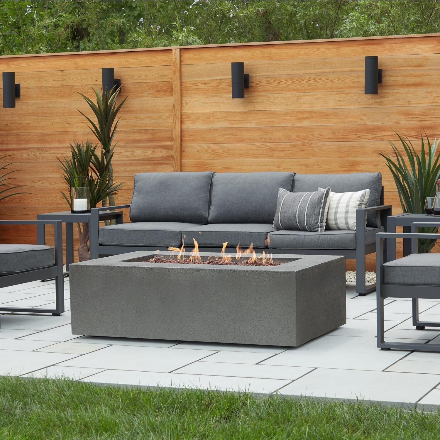 Villa Flora 51 Inch Rectangular MGO Natural Gas Fire Pit in Gray by Lakeview Outdoor Designs