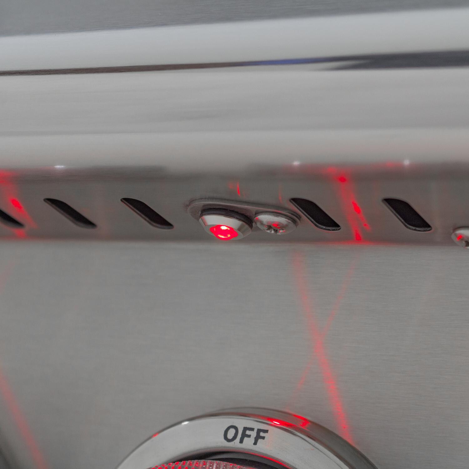 Blaze Limited Edition 32-Inch 4-Burner Freestanding Gas Grill With Rear Infrared Burner - Close-Up of Red LED Light thumbnail