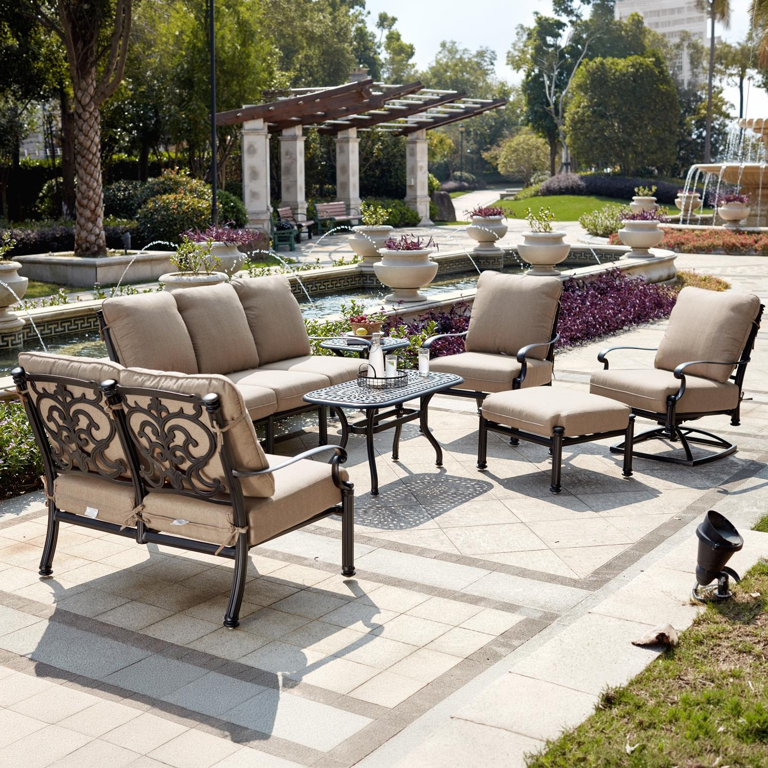 Darlee Santa Barbara 7 Pc Cast Aluminum Seating Set w/ 42 X 21 Inch Series 60 Table & Swivel Rocker - Lifestyle thumbnail