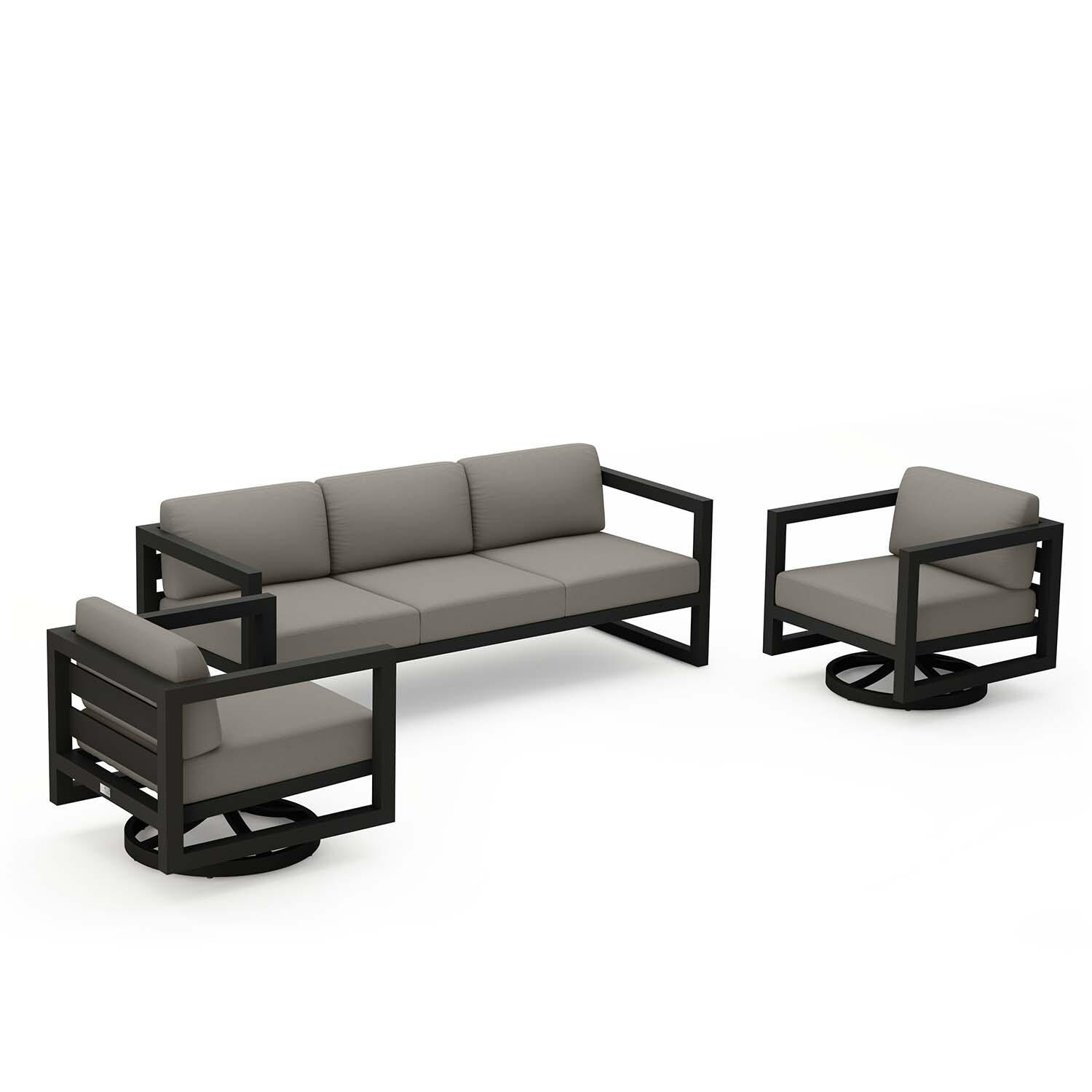 Misty Cove 3 Pc Aluminum Sofa Seating Set w/ Swivel Chairs in Black/Canvas Charcoal by Lakeview Outdoor Designs - Angled - White Background thumbnail