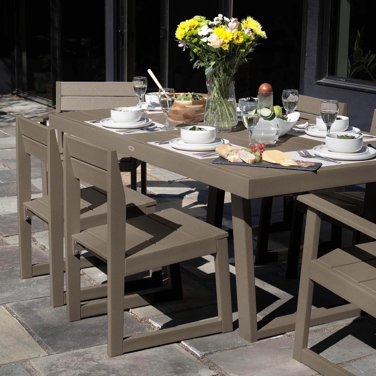 Hazel Cove 7 Pc Recycled Plastic Dining Set in Cabana Tan by Lakeview Outdoor Designs - Close Up - Lifestyle thumbnail