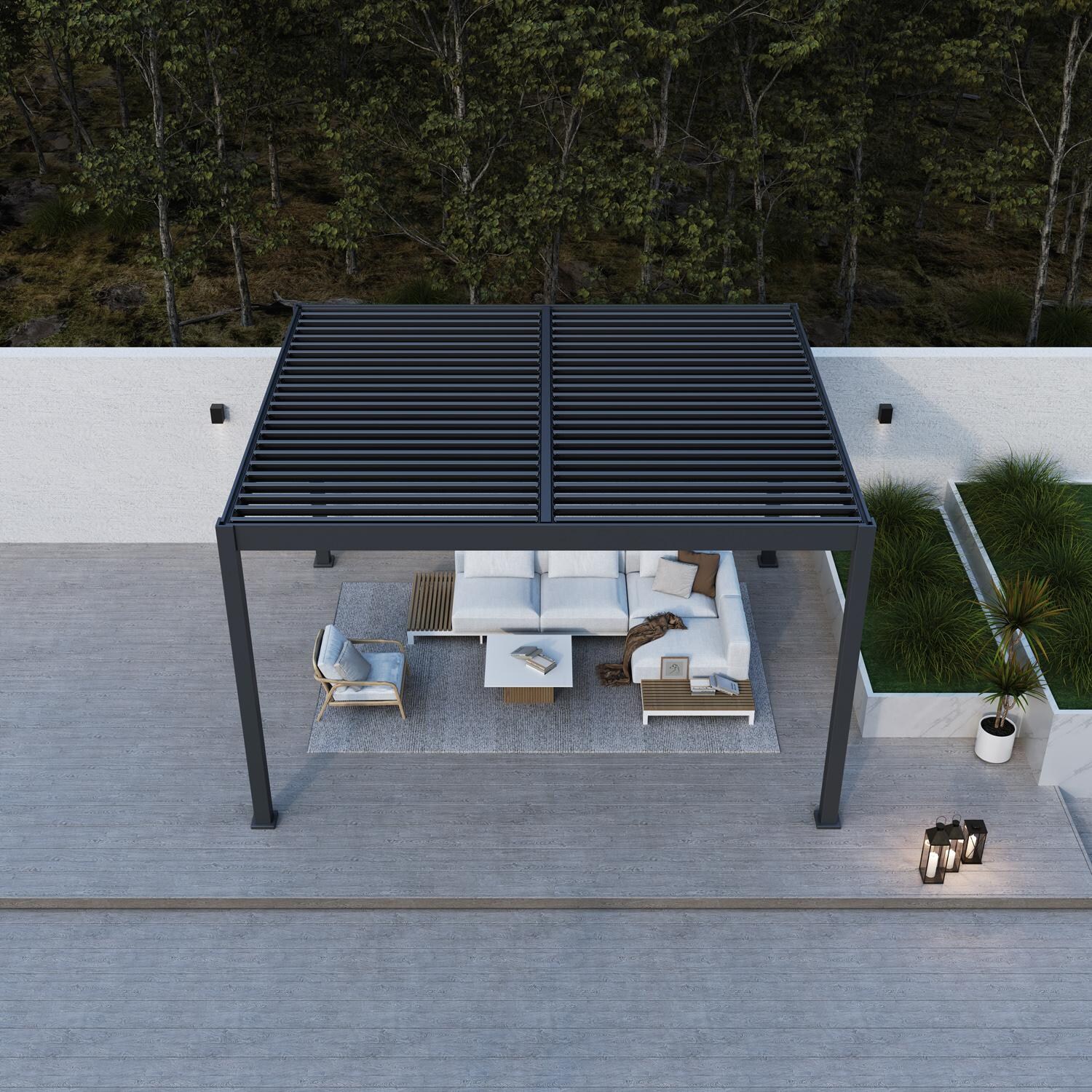 Paragon Outdoor PRGRT-1214GY Grand Tuscan 12' x 14' Slate Gray Aluminum Louvered Pergola - From Above - Lifestyle thumbnail