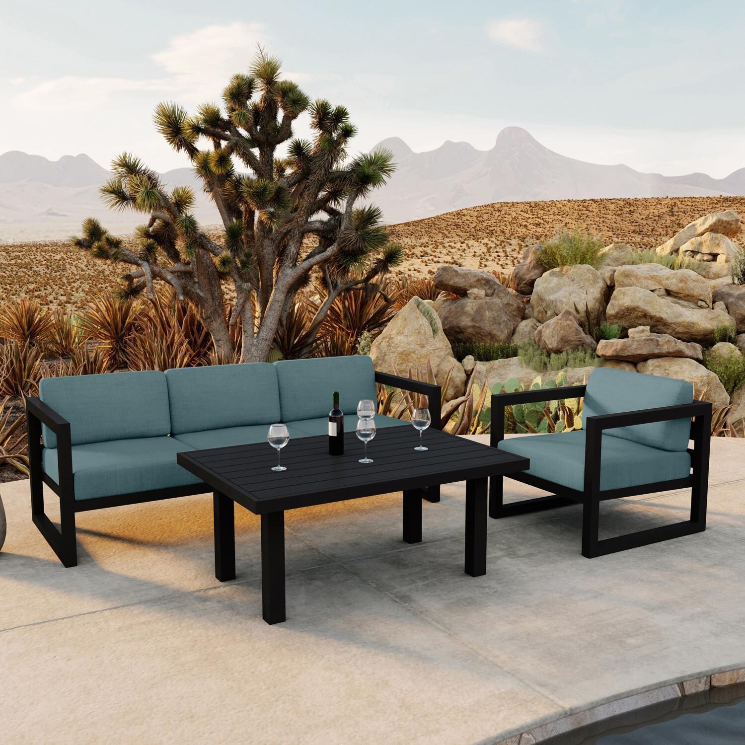 Lakeview MSTYCV-BK-SET138-CL Misty Cove 3 Pc Aluminum Seating Set in Black w/Chat Table & Cast Lagoon Cushions by Lakeview Outdoor Designs - By the Pool - Lifestyle thumbnail