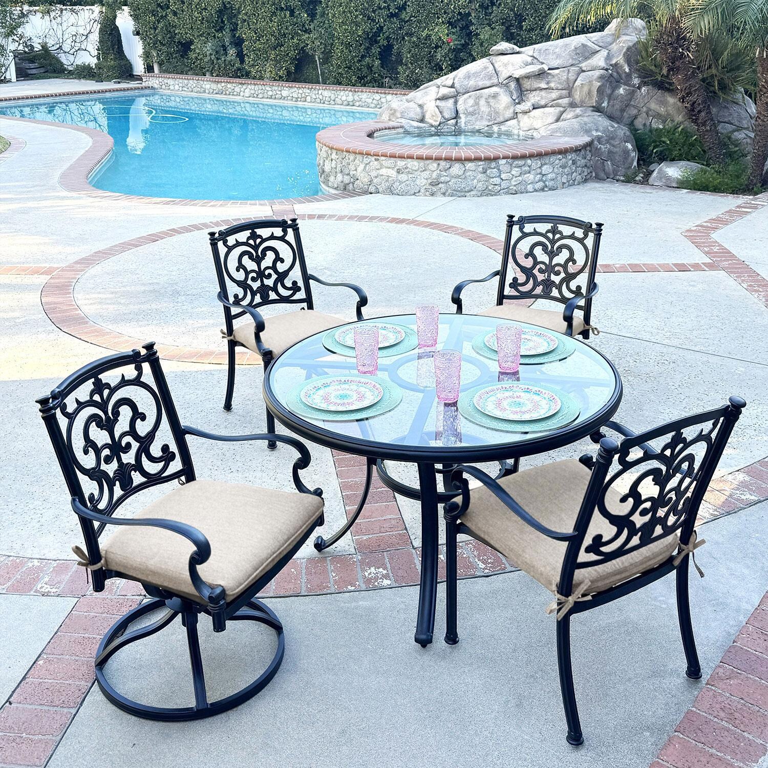 Santa Barbara 5 Pc Cast Aluminum Swivel / Rocker Dining Set in Antique Bronze/Beige Canvas by Darlee - Lifestyle thumbnail