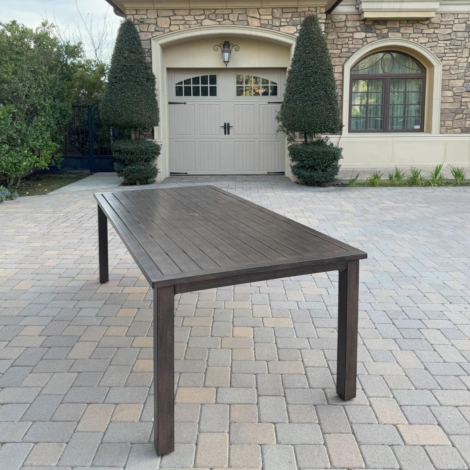 Atlantis 3 Pc Aluminum Dining Set w/ 2 Three Person Benches in Walnut/Beige by Darlee - Table - Lifestyle thumbnail