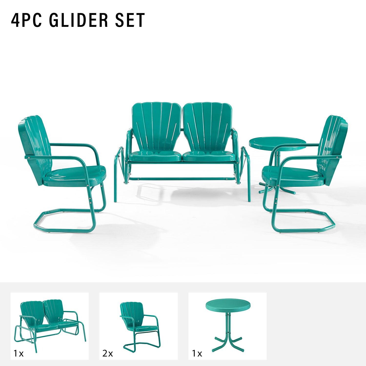 Ultimate Patio UP-32255TU 4Pc Retro Outdoor Loveseat Glider Patio Set in Turquoise - Included in Set (Loveseat, Two Chairs, and Table) - Diagram thumbnail