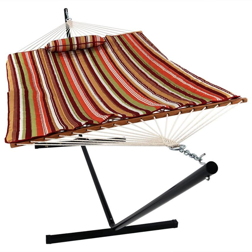 Sunnydaze Decor Rope Hammock w/ 12-Foot Stand, Pad, & Pillow - Tropical Orange Stripe - DL-TOSRH-Combo image