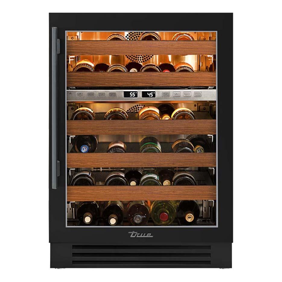 True TWC-24DZ-R-OG-C~DSK-027-H05 24 Inch 45 Bottle Right Hinge Glass Door Outdoor Dual Zone Wine Cabinet - Matte Black w/ Pewter Handle - White Background thumbnail
