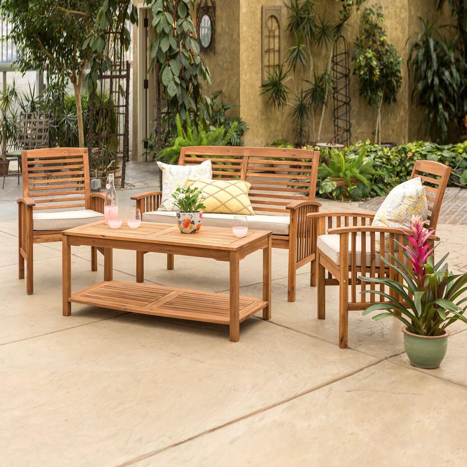 Ultimate Patio Horizon Way 4 Piece Brown Acacia Patio Conversation Set W/ Natural Cushions thumbnail