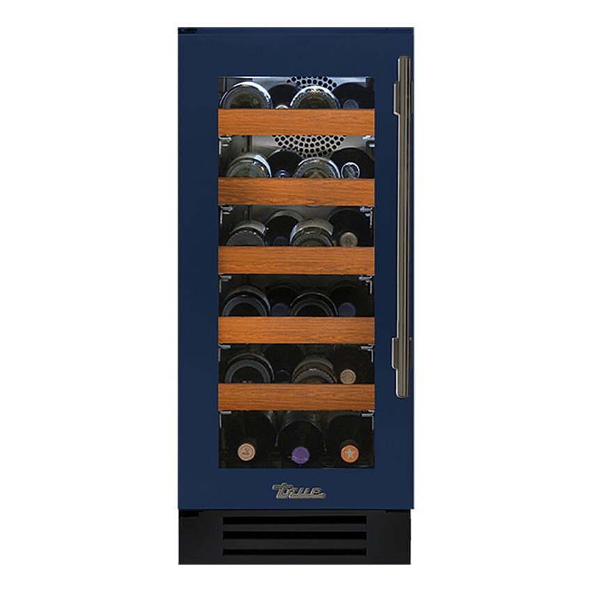 True TWC-15-L-OG-C~DSK-078-H05 15 Inch 23 Bottle Left Hinge Glass Door Outdoor Wine Cabinet - Cobalt w/ Pewter Handle - White Background thumbnail