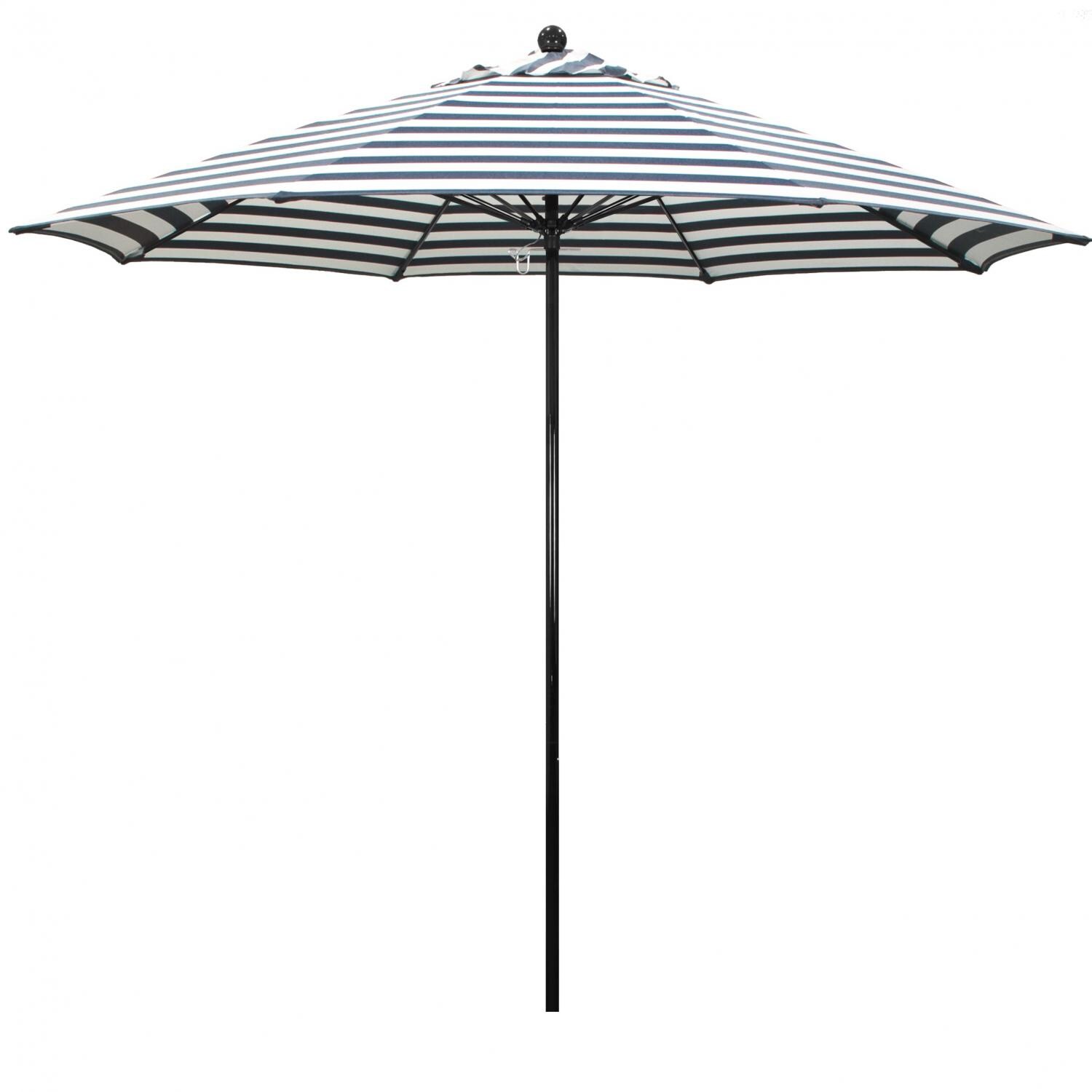 California Umbrella Oceanside Side 9 Ft Octagonal Fiberglass Patio Umbrella W/ Push Lift - Black Frame / Olefin Navy White Cabana Stripe Canopy image