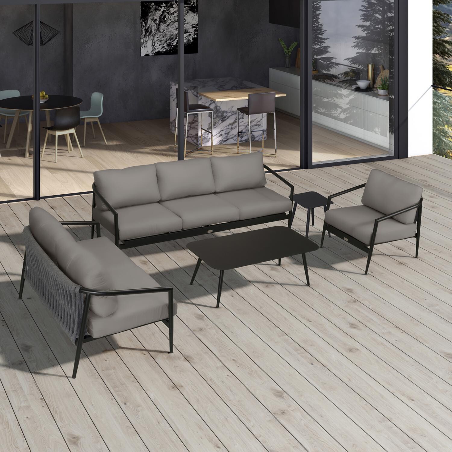 Lakeview Midnight Cove 5 Pc Aluminum Sofa Seating Set in Black/Carbon/Canvas Charcoal - Top - Lifestyle thumbnail