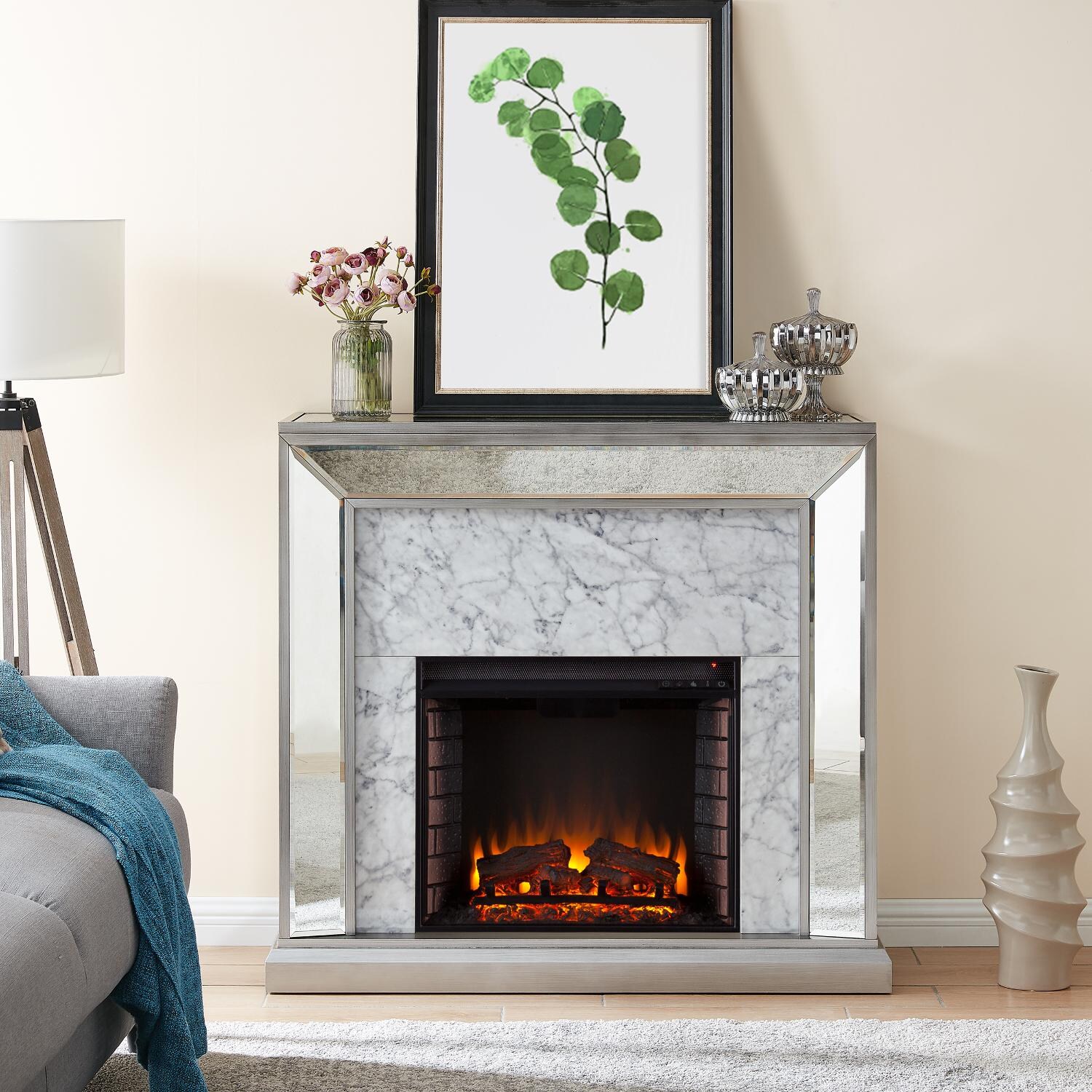 Southern Enterprises FE1027359 Trandling 44-Inch Electric Fireplace - Antique Silver W/ Faux Marble & Mirrored Surround thumbnail