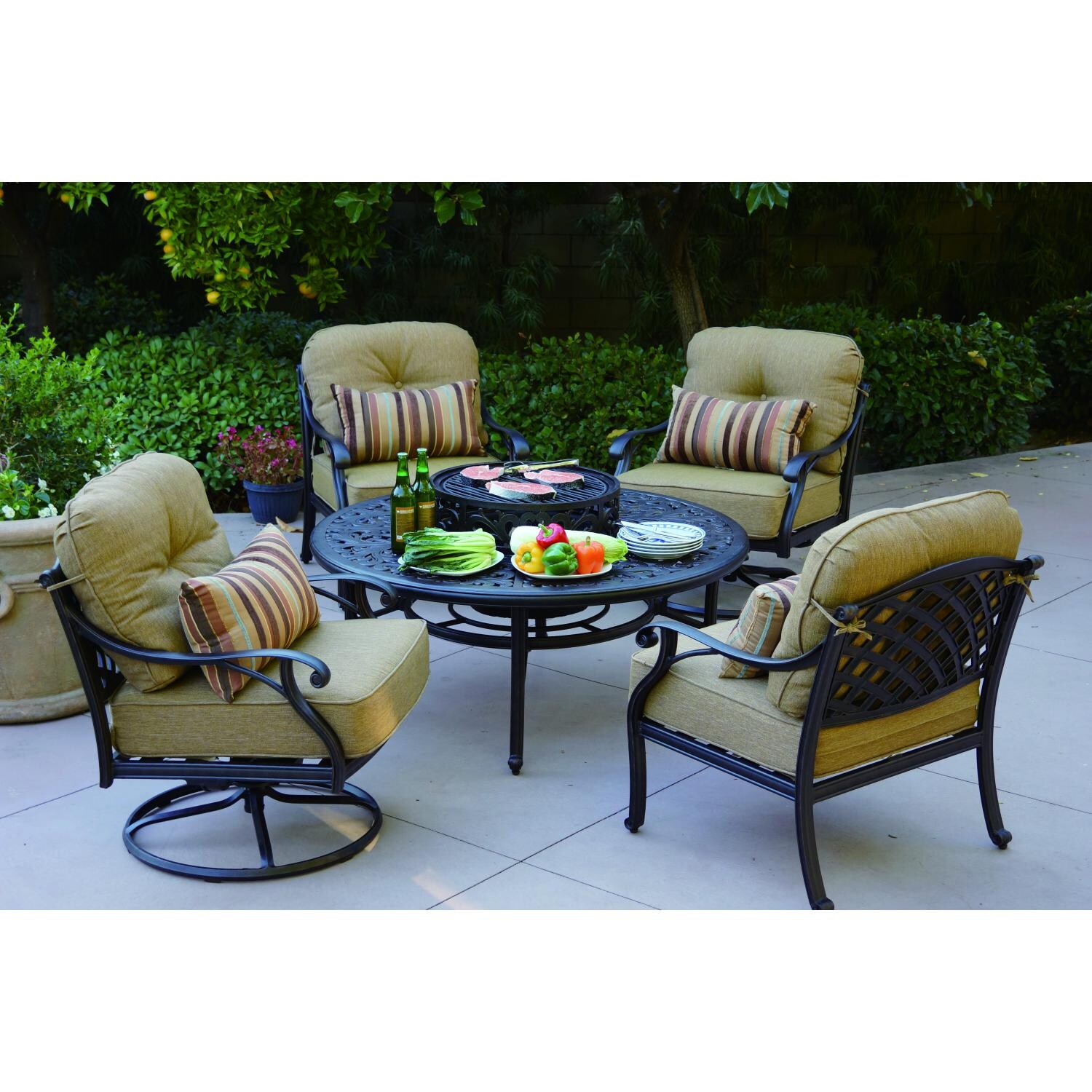 Darlee Nassau 5 Piece Cast Aluminum Patio Fire Pit Conversation Seating Set With 2 Swivel Rockers thumbnail