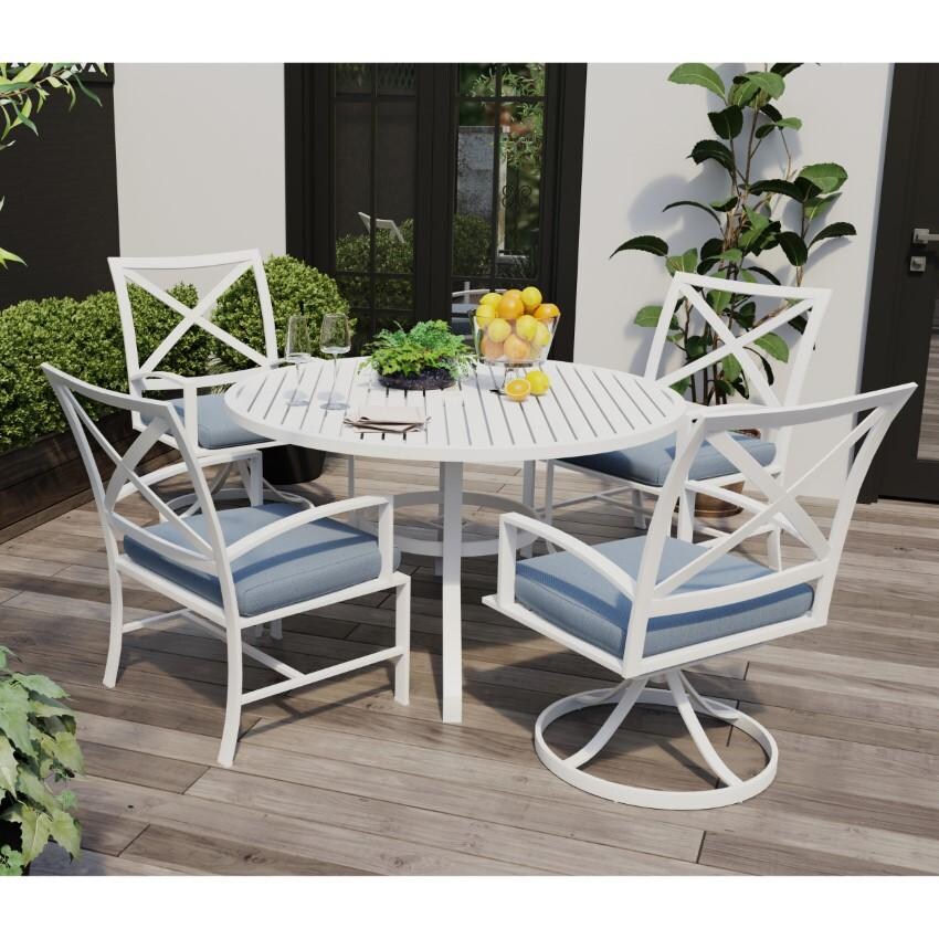 Bristol Aluminum Swivel Dining Arm Chair w/ Self Welt in White/Canvas Skyline by Sunset West - Seats at Round Table - Lifestyle thumbnail