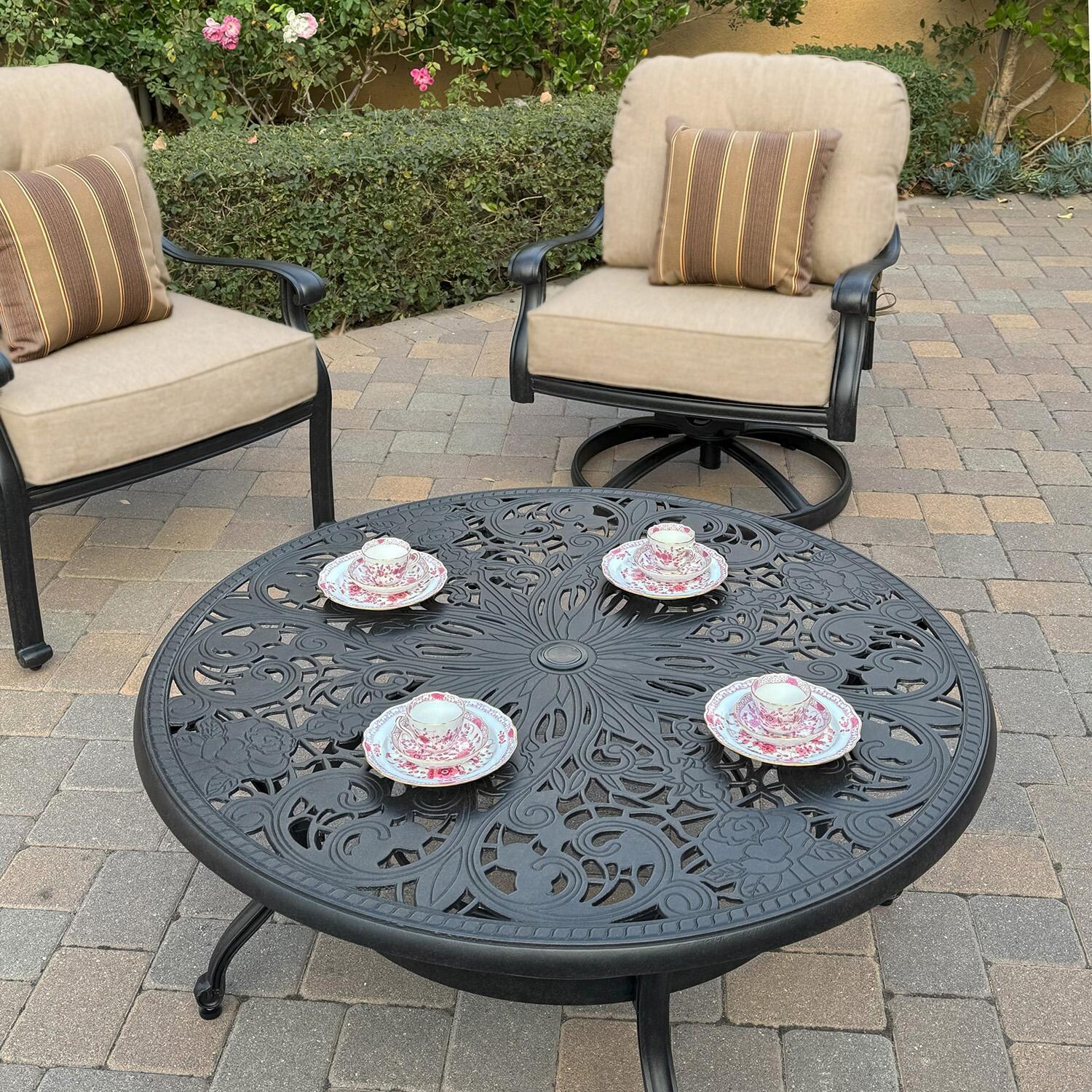 Darlee Elisabeth 5 Pc Cast Aluminum Seating Set w/ 2 Swivel Club Chairs and 2 Club Chairs in Antique Bronze/Beige - Table - Lifestyle thumbnail