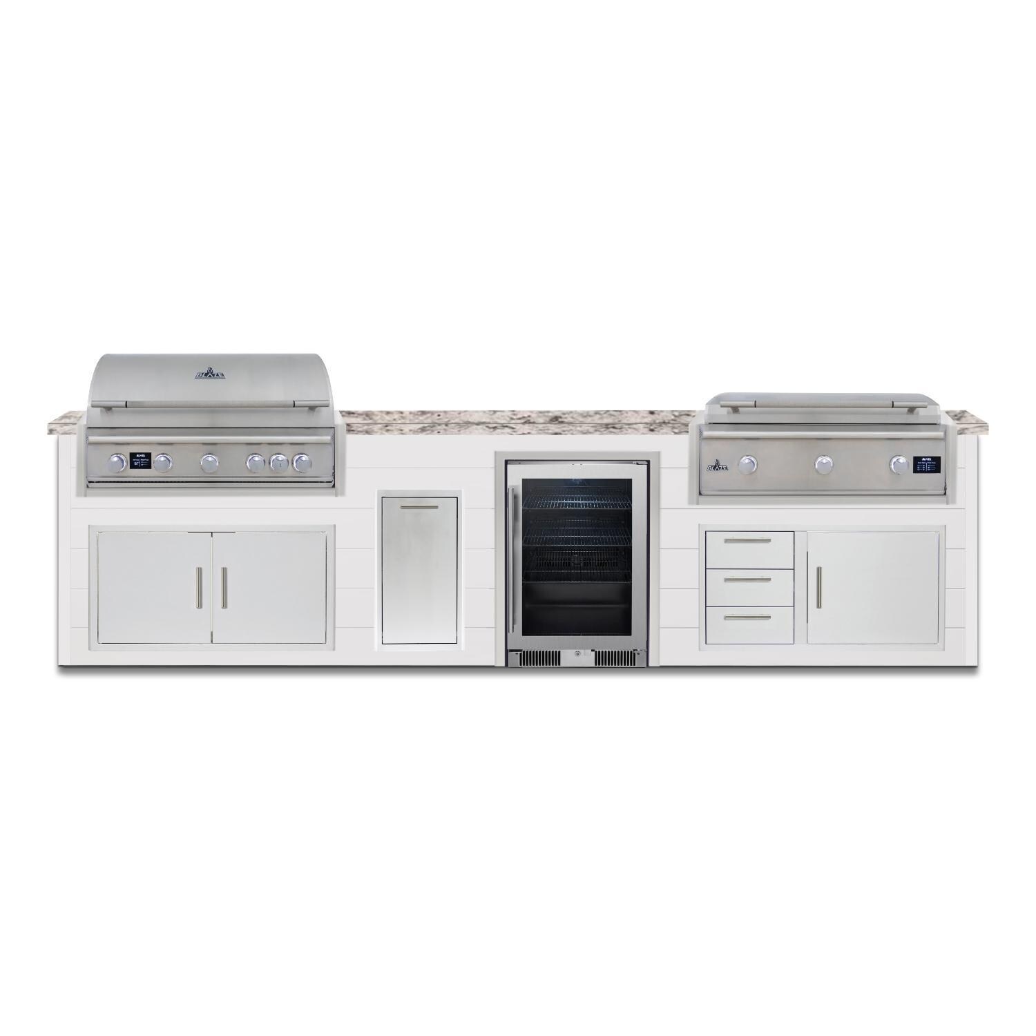 BBQGuys Signature 12 Ft Grill Island w/ 40 Inch Propane Blaze Premium LTE Pro Grill & Griddle, Beverage Center, Narrow Trash Bin & Door & Drawer | Crystal White w/ White Granite - Front - White Background thumbnail