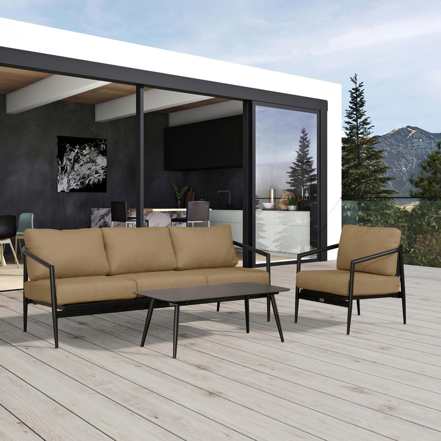 Lakeview Midnight Cove 3 Pc Aluminum Sofa Seating Set in Black/Carbon/Heather Beige - Detail - Lifestyle thumbnail