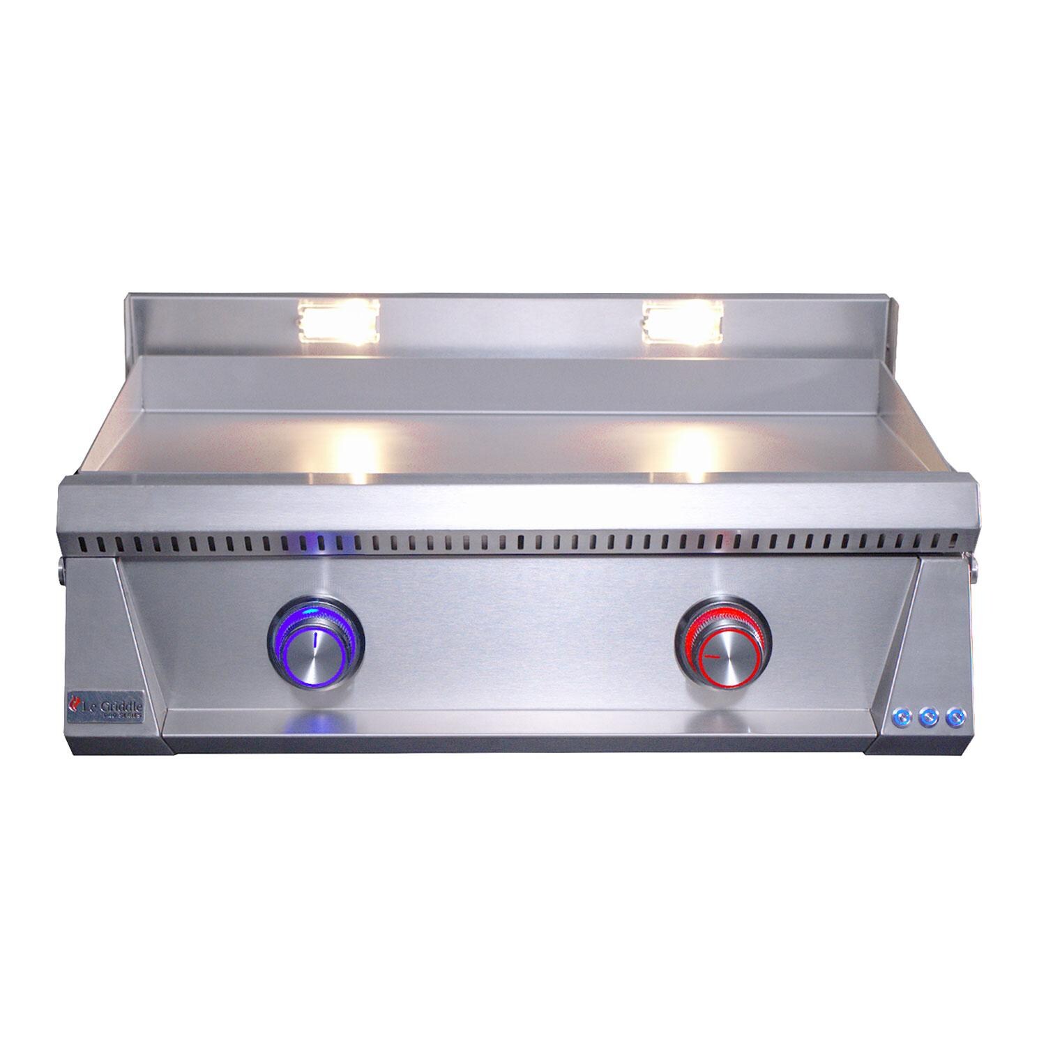 Le Griddle OML75P3 LP Pro Series 75 2 Burner Built-In Propane Flat Top Grill w/ 3mm Plate - Blue & Red LED Knobs Indicates One Side On & OFF Control Valve - White Background thumbnail