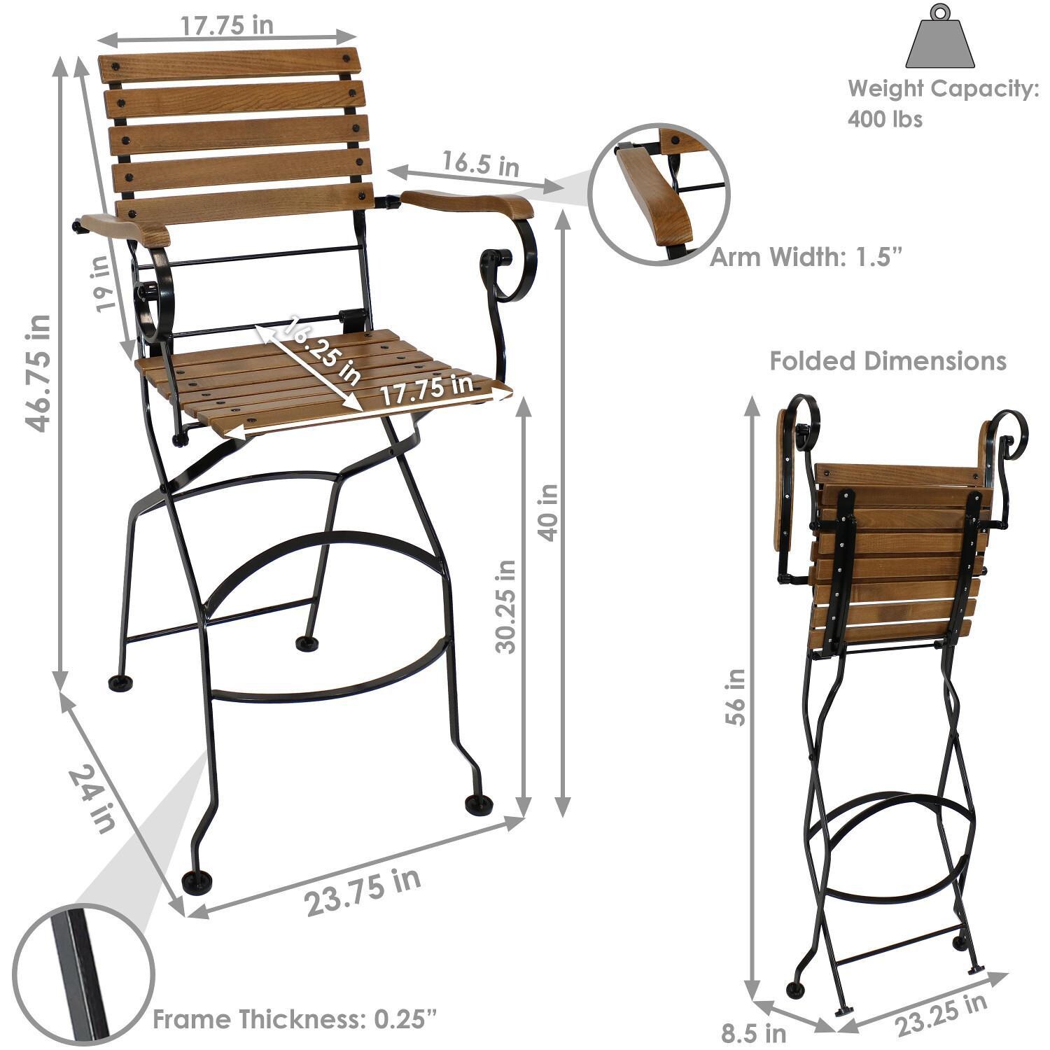 Ultimate Patio Deluxe European 4-Piece Chestnut Folding Bistro Bar Chair Set - Dimensions thumbnail