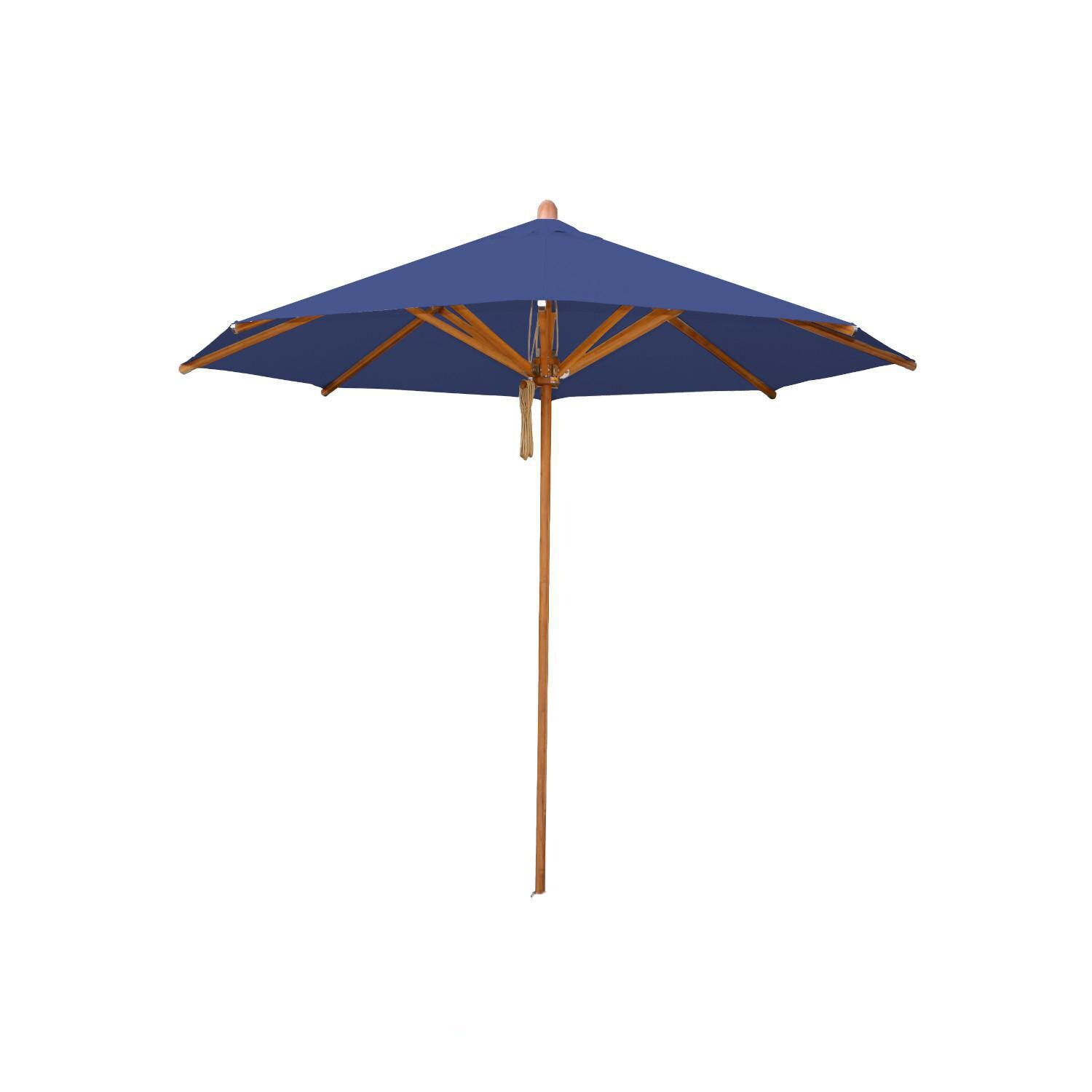 Bambrella 8.5 Ft. Octagonal Bamboo Levante Market Umbrella Set w/ 110lb Freestanding Base in Ocean Blue - White Background thumbnail