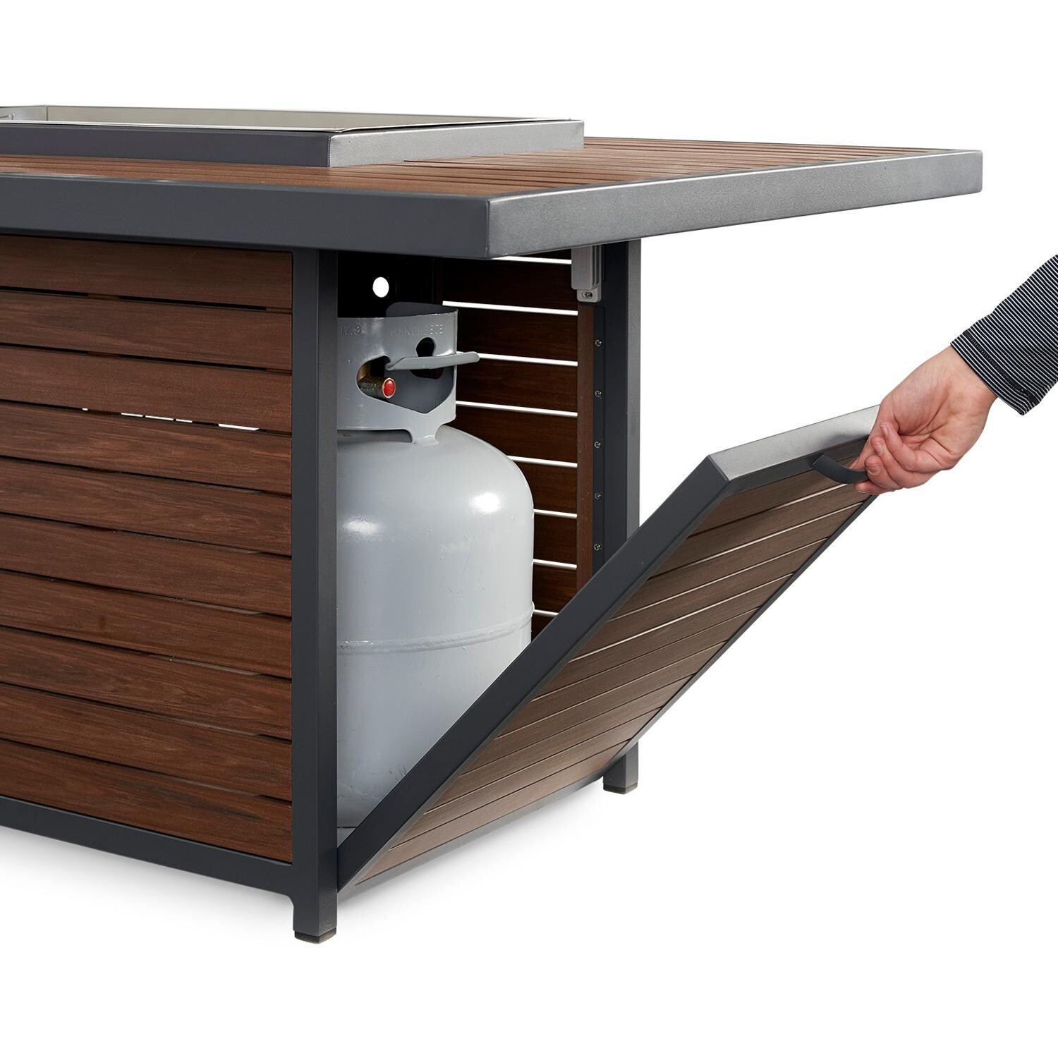 Lakeview Outdoor Designs Revere 50-Inch Rectangular Propane Gas Fire Pit Table With 24-Inch Crystal Fire Burner - Propane Storage Access Door - White Background thumbnail