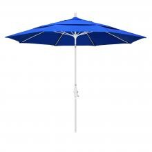California Umbrella 11 Ft. Octagonal Aluminum Collar Tilt Patio Umbrella W/ Crank Lift & Fiberglass Ribs - Matted White Frame / Sunbrella Canvas Pacific Blue Canopy