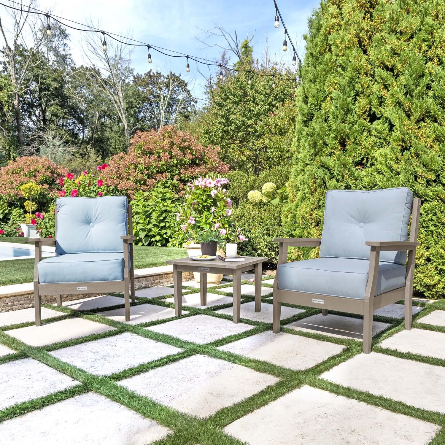 Blushing Bay 3 Pc Recycled Plastic Seating Set in Bliss Dew/Woodland Brown by Lakeview Outdoor Designs - Angled Right - Lifestyle thumbnail