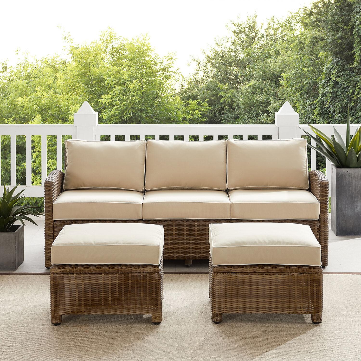 Ultimate Patio UP-92419WB-SA 3Pc Wicker Outdoor Sofa Patio Furniture Set in Sand - Front View On Patio - Lifestyle thumbnail