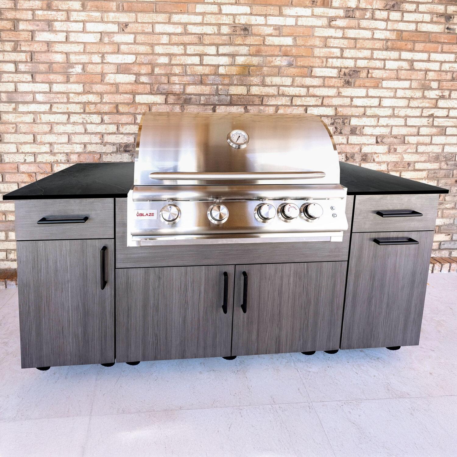 BBQGuys Signature Beech 6 Ft Outdoor Kitchen Island w/ Blaze Natural Gas Grill in Grey Cedar/Marquina Black - Island - Lifestyle thumbnail