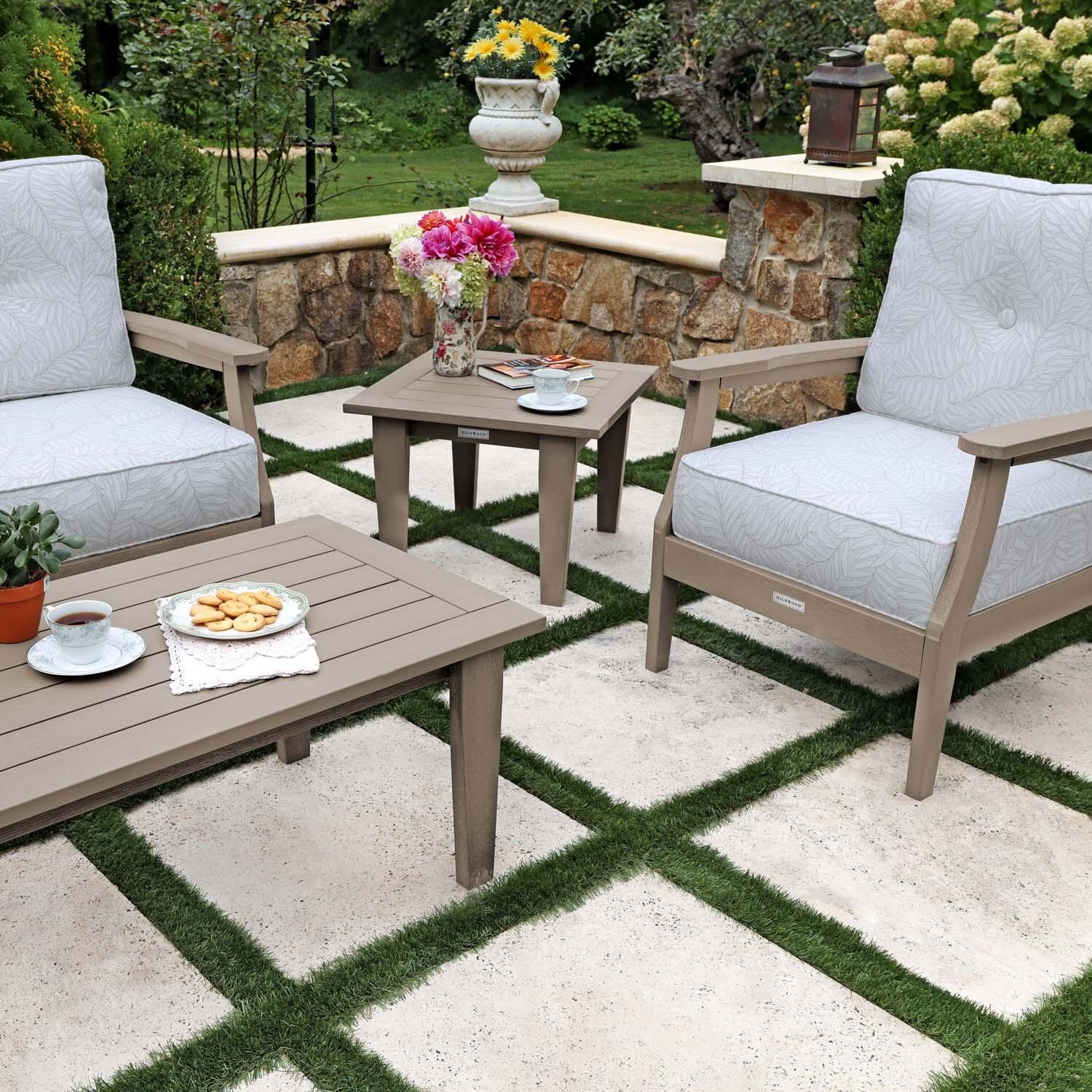 Blushing Bay 4 Pc Recycled Plastic Seating Set in Lively Parchment/Woodland Brown by Lakeview Outdoor Designs - Close Up End Table - Lifestyle thumbnail