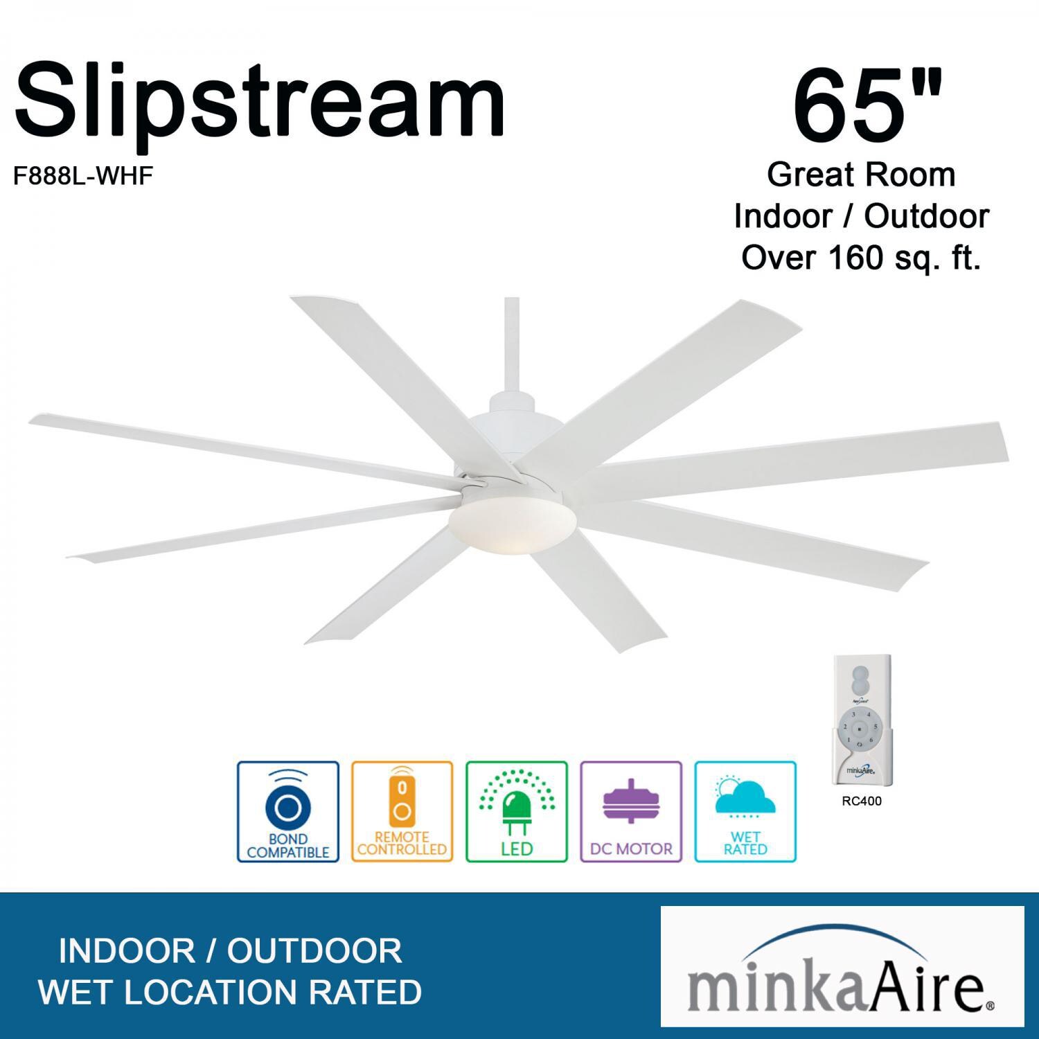 Minka-Aire F888L-WHF Slipstream 65-Inch 8-Blade LED Ceiling Fan in White Finish w/ Flat White Blades & Etched Opal Glass - Overview thumbnail