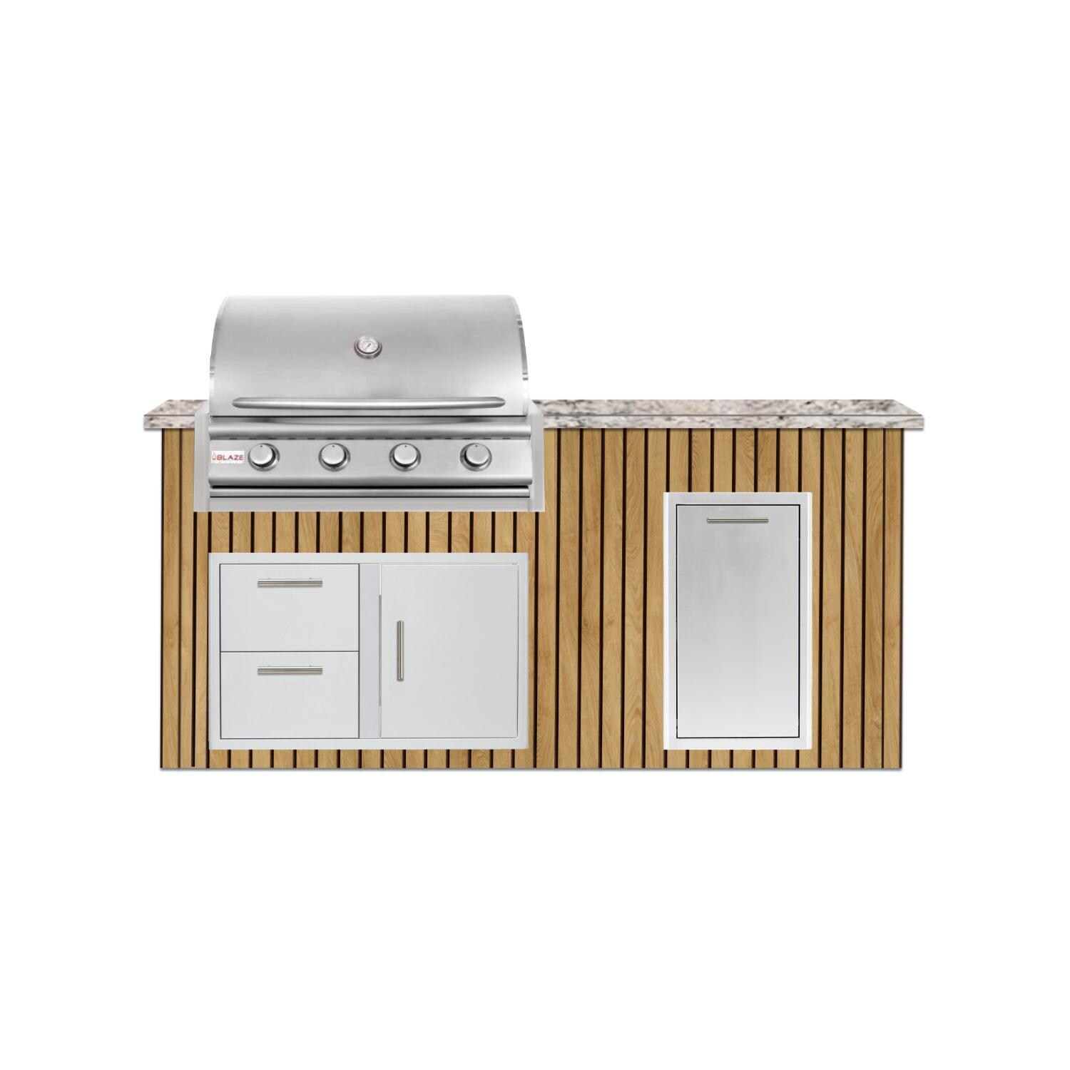 BBQGuys Signature 6 Ft Outdoor Kitchen Island w/ 32-in Blaze LBM Propane Grill & Narrow Trash Bin | Sun Bleached Oak w/ White Valley Granite - Island - White Background thumbnail