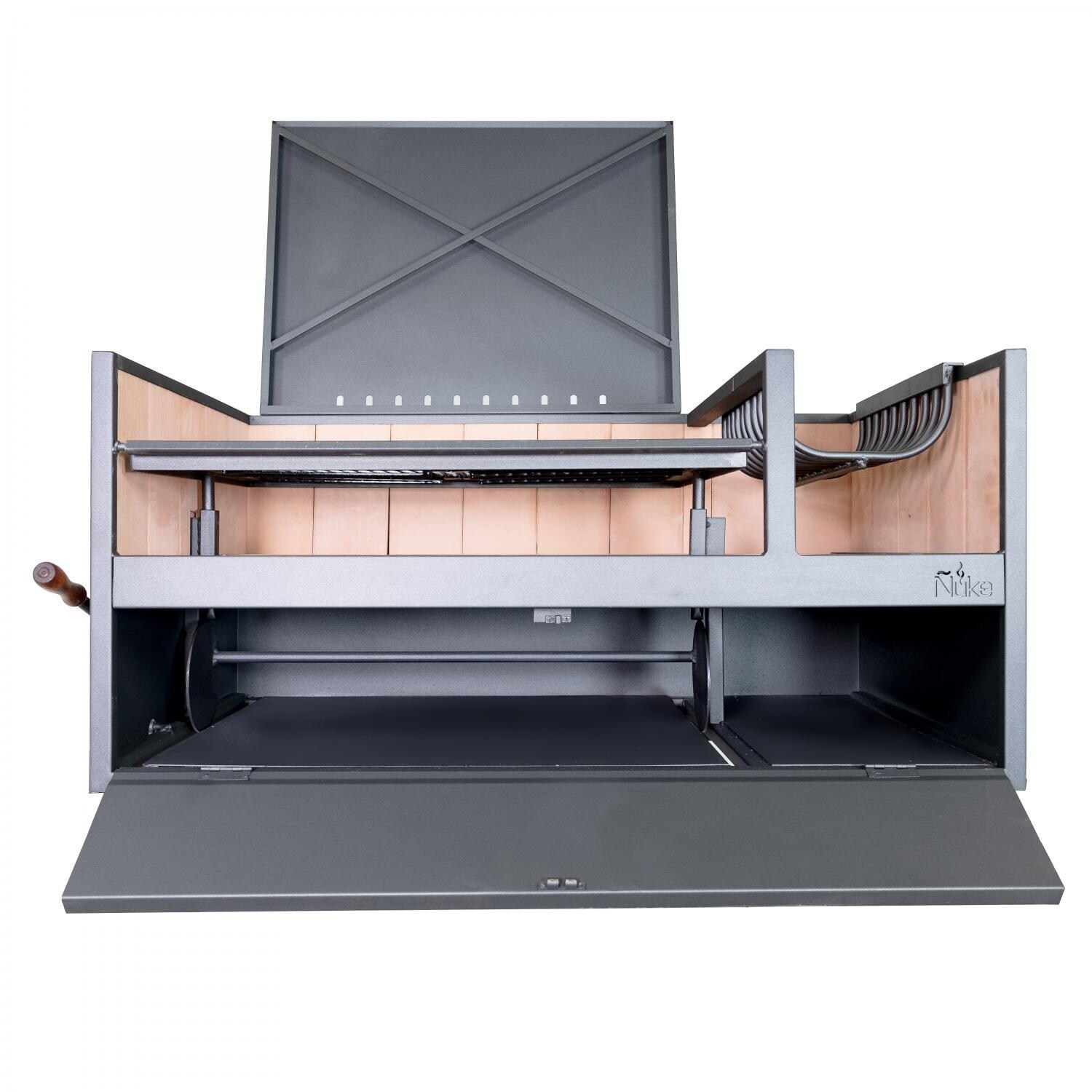 Nuke DELTACT02 47-Inch Argentinian-Style Countertop Gaucho Grill - Open Storage View With Raised Grate thumbnail