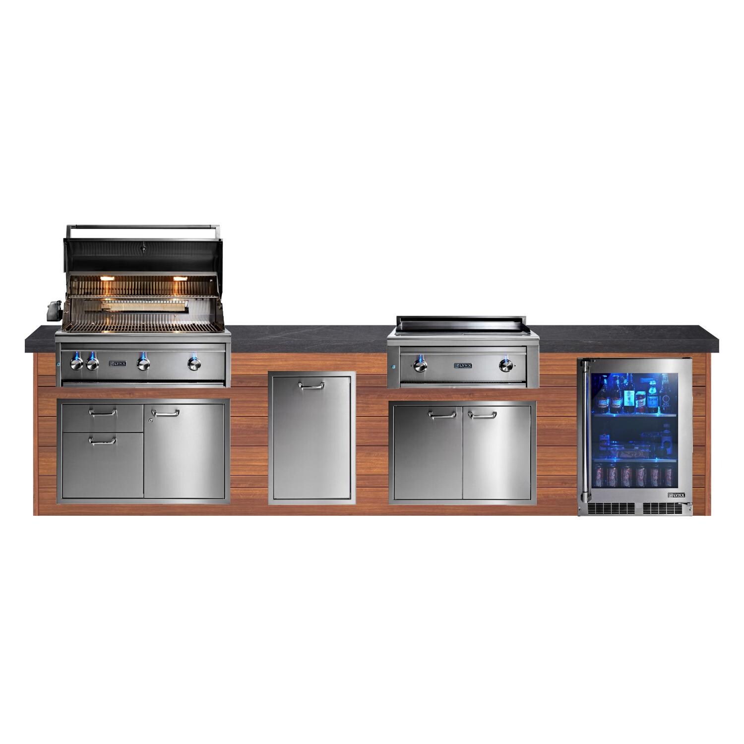 BBQGuys Signature 12ft Luxury Outdoor Kitchen w/ Lynx Professional 36-Inch Propane Grill, 30-Inch Asado Grill & Refrigerator - Light National Walnut Aluminum w/ Black Polished Granite - White Background thumbnail