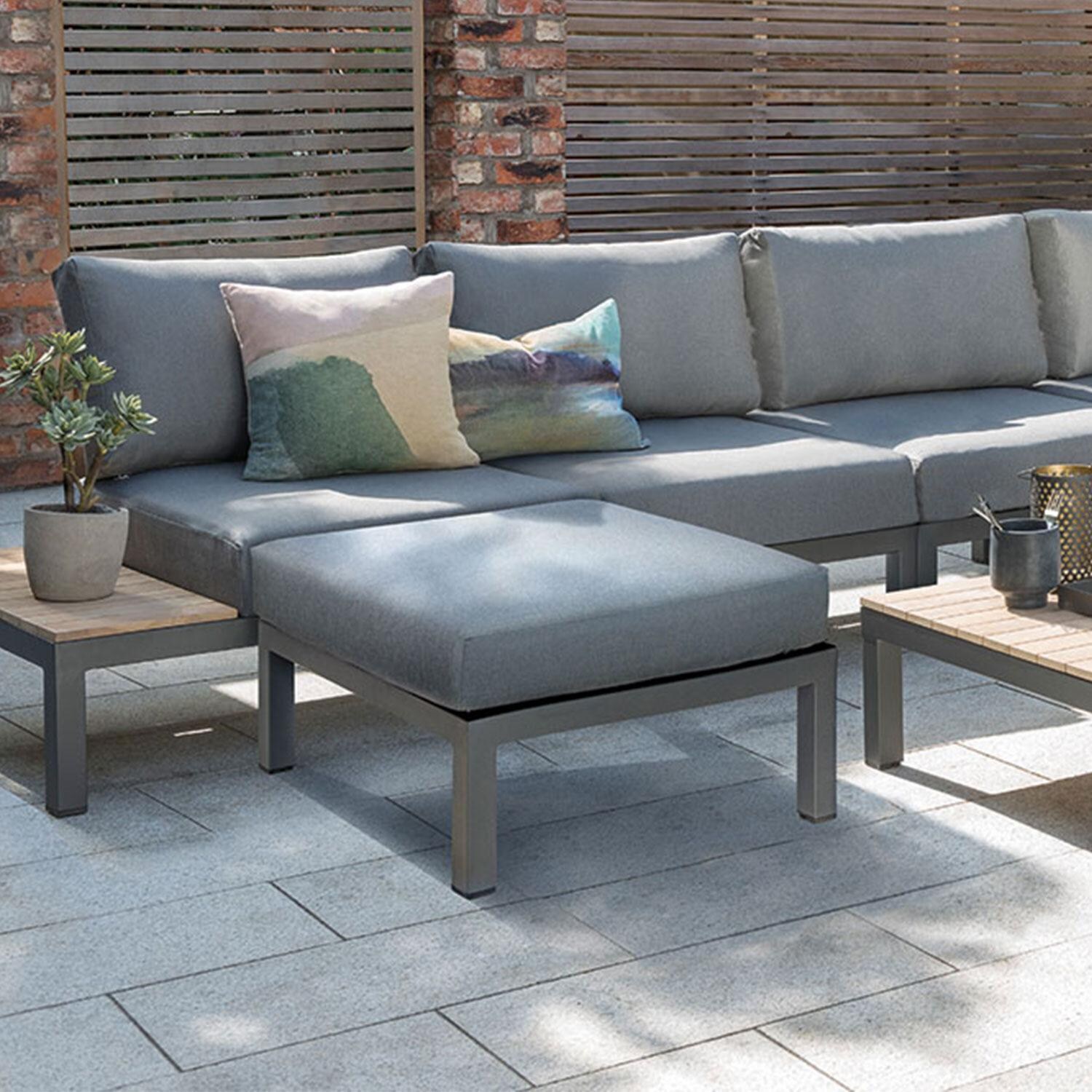 Elba Aluminum Ottoman in Cast Silver By KETTLER - Styled W/ Seating Set - Lifestyle thumbnail