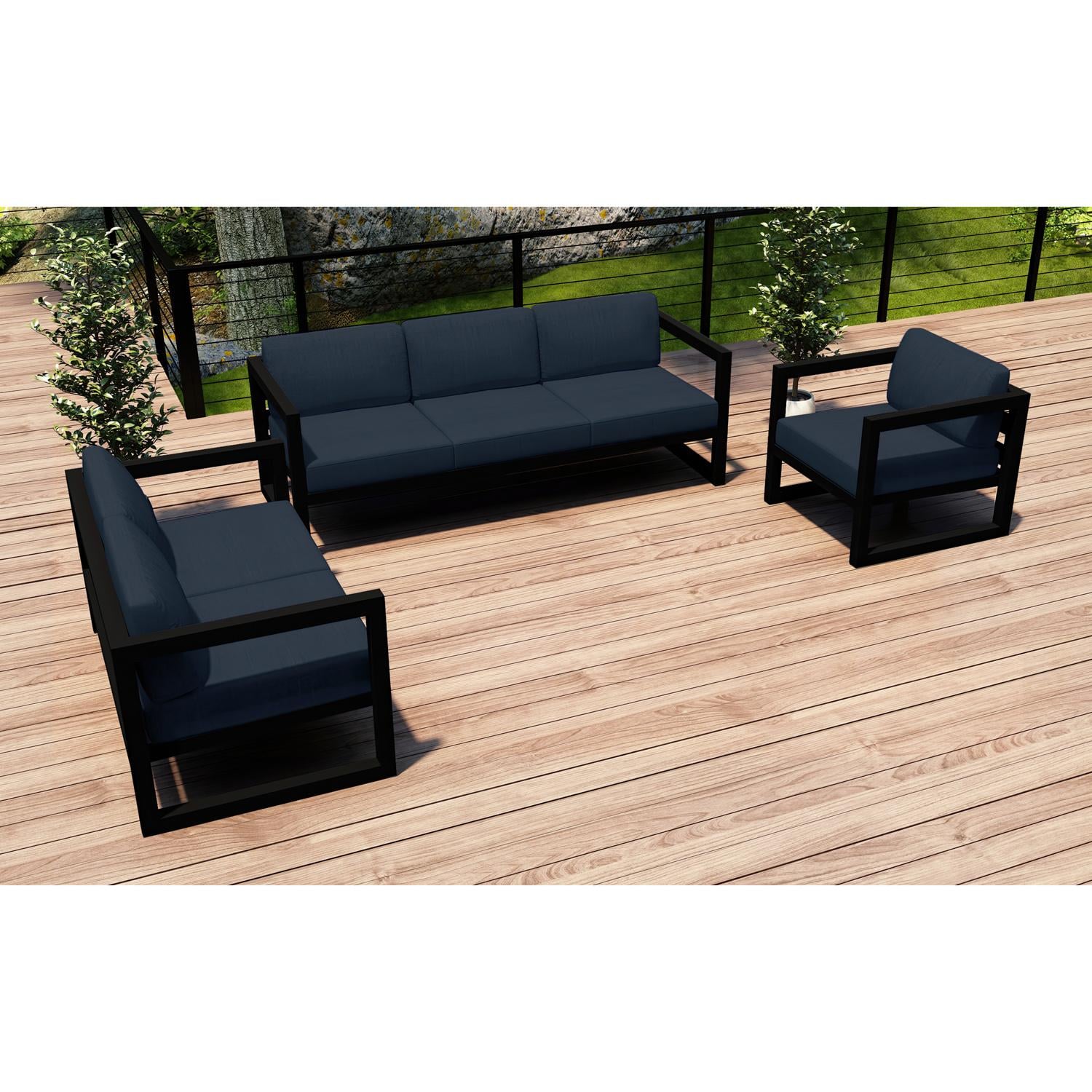 Lakeview MSTYCV-BK-3SLSS-IN Misty Cove 3 Pc Aluminum Seating Set in Black w/Sofa & Spectrum Indigo Cushions by Lakeview Outdoor Designs - Set on Deck - Lifestyle thumbnail