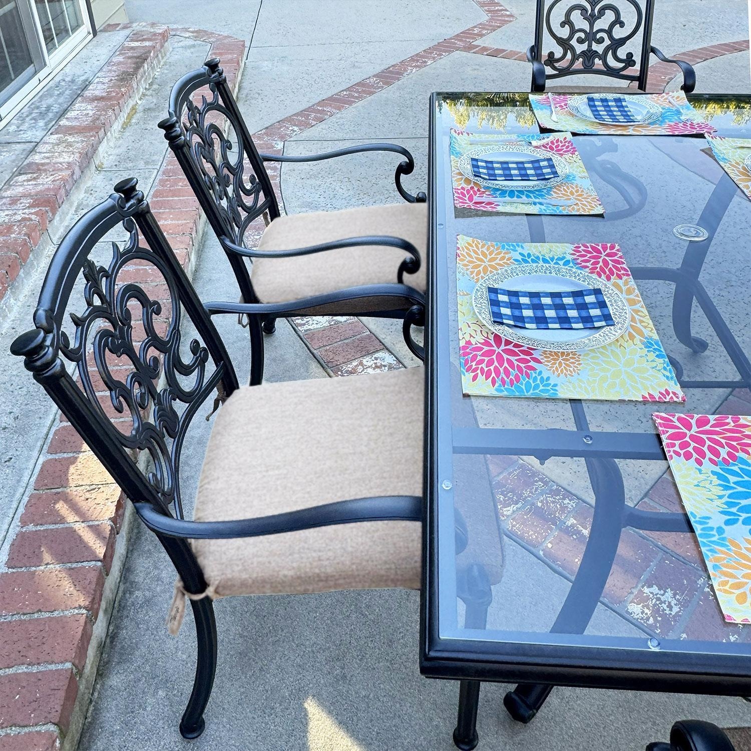 Santa Barbara 7 Pc Cast Aluminum Swivel / Rocker Dining Set in Antique Bronze/Beige Canvas by Darlee - Close Up - Lifestyle thumbnail
