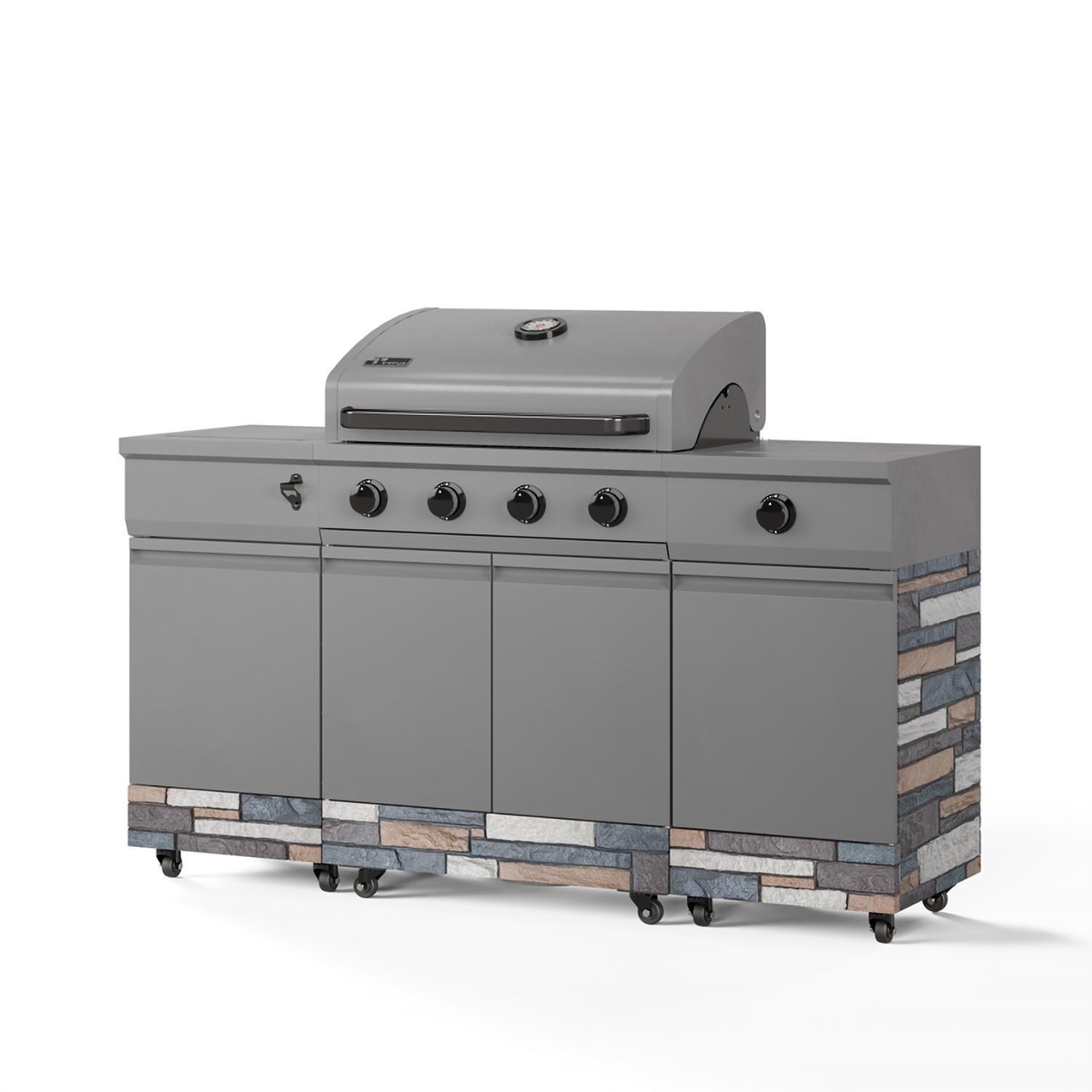 TYTUS TDT-021-0104 Fresno Series Gunmetal Gray & Ash Stacked Stone Propane Grill Island - Angle - White Background thumbnail