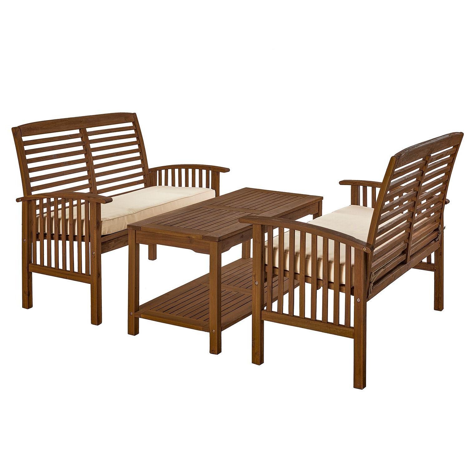 Ultimate Patio Horizon Way 3 Piece Dark Brown Acacia Patio Conversation Set W/ Loveseats & Natural Cushions - Angled View thumbnail