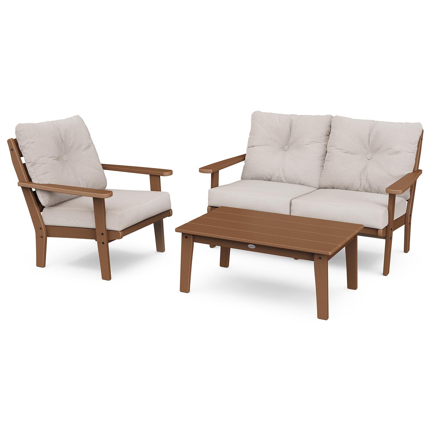 Lakeside 3 Pc Recycled Plastic Loveseat Seating Set in Teak/Dune Burlap by POLYWOOD