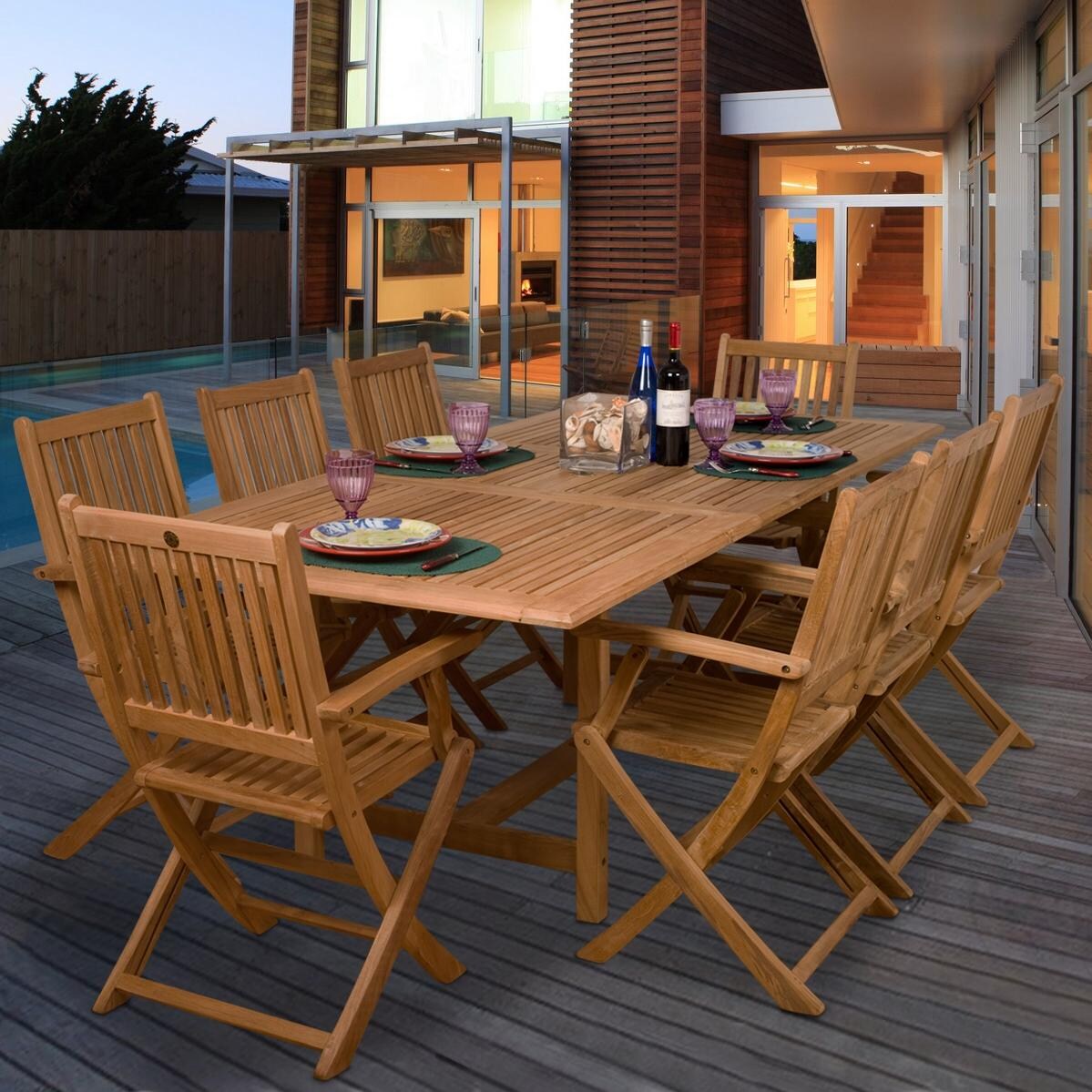 Teak Hamburg 9 Piece Teak Patio Dining Set With 67 X 39 Inch Rectangular Extension Table And Folding Chairs By Amazonia