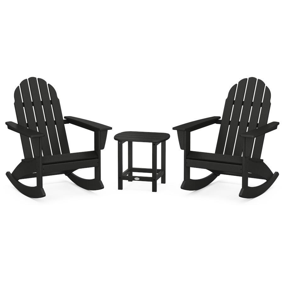 Vineyard 3 Pc Recycled Plastic Adirondack Rocking Chair Set w/ South Beach End Table in Black by POLYWOOD