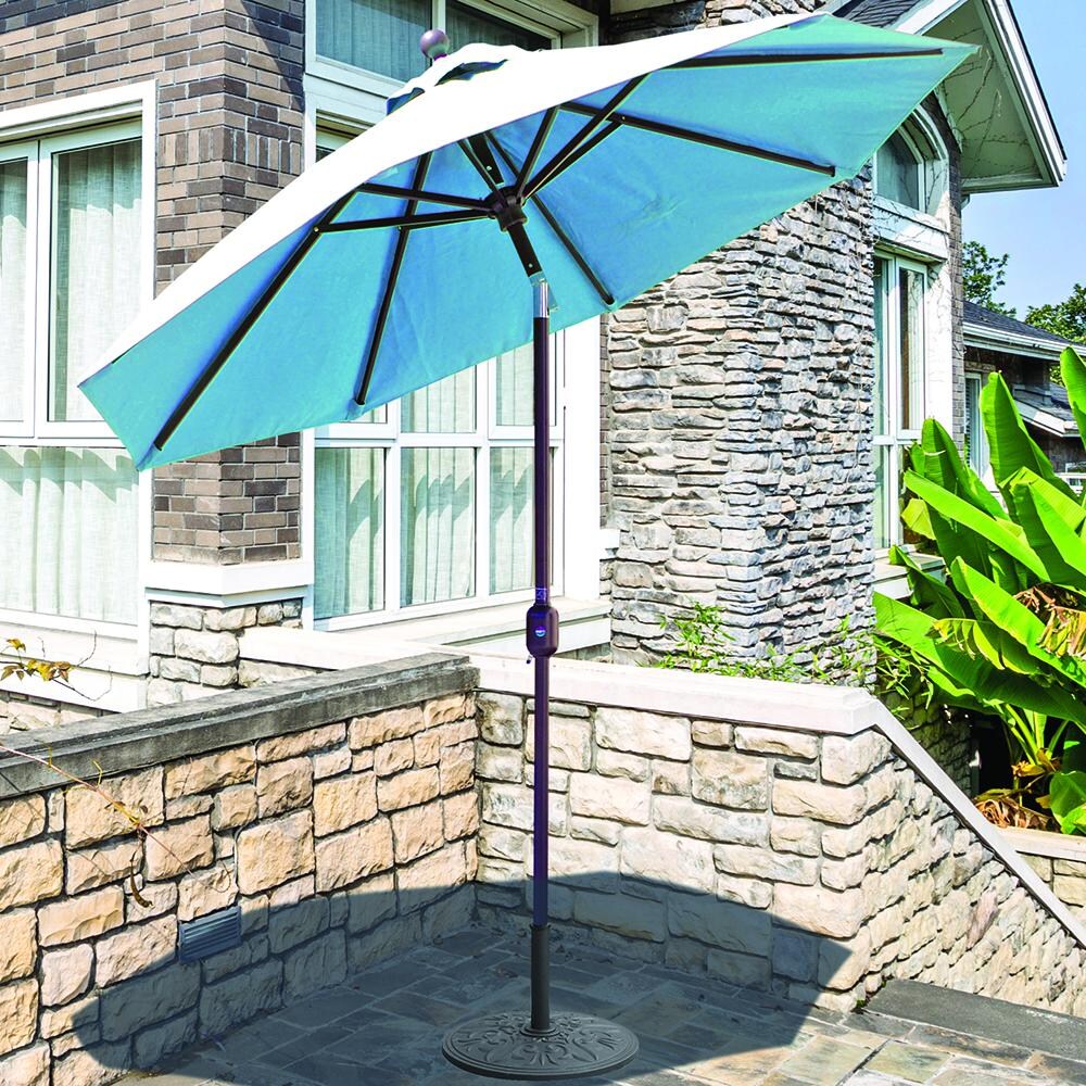 Galtech 7.5 Ft. Octagonal Patio Umbrella W/ Crank Lift - Lifestyle View - Shown In Antique Bronze Finish W/ Gingko Sunbrella Fabric (Umbrella Base Not Included) thumbnail