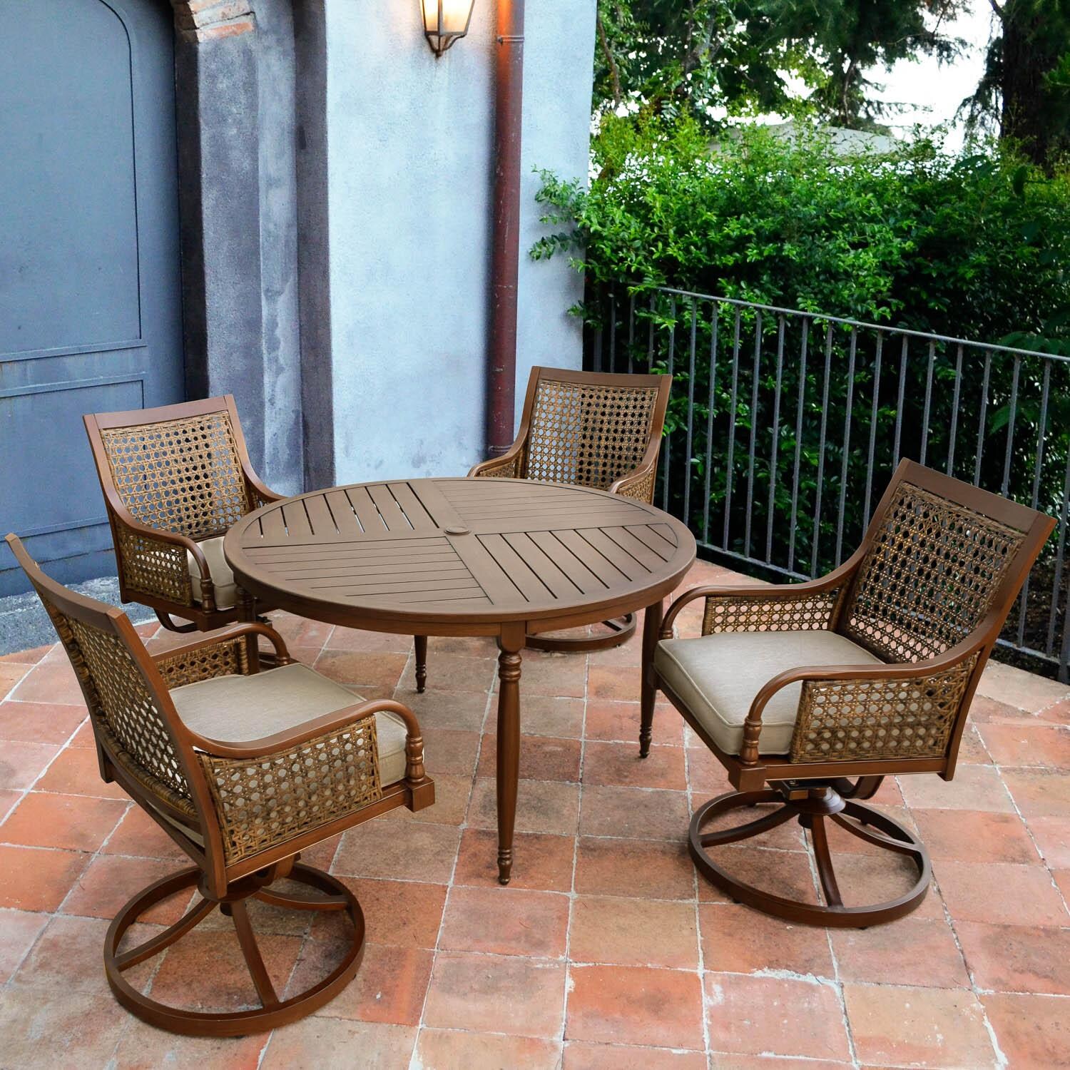 Arabella 5 Piece Aluminum Patio Dining Set W/ 48 Inch Round Table, Swivel Rocker Dining Chairs & Sunbrella Cast Ash Cushions By Lakeview Outdoor Designs